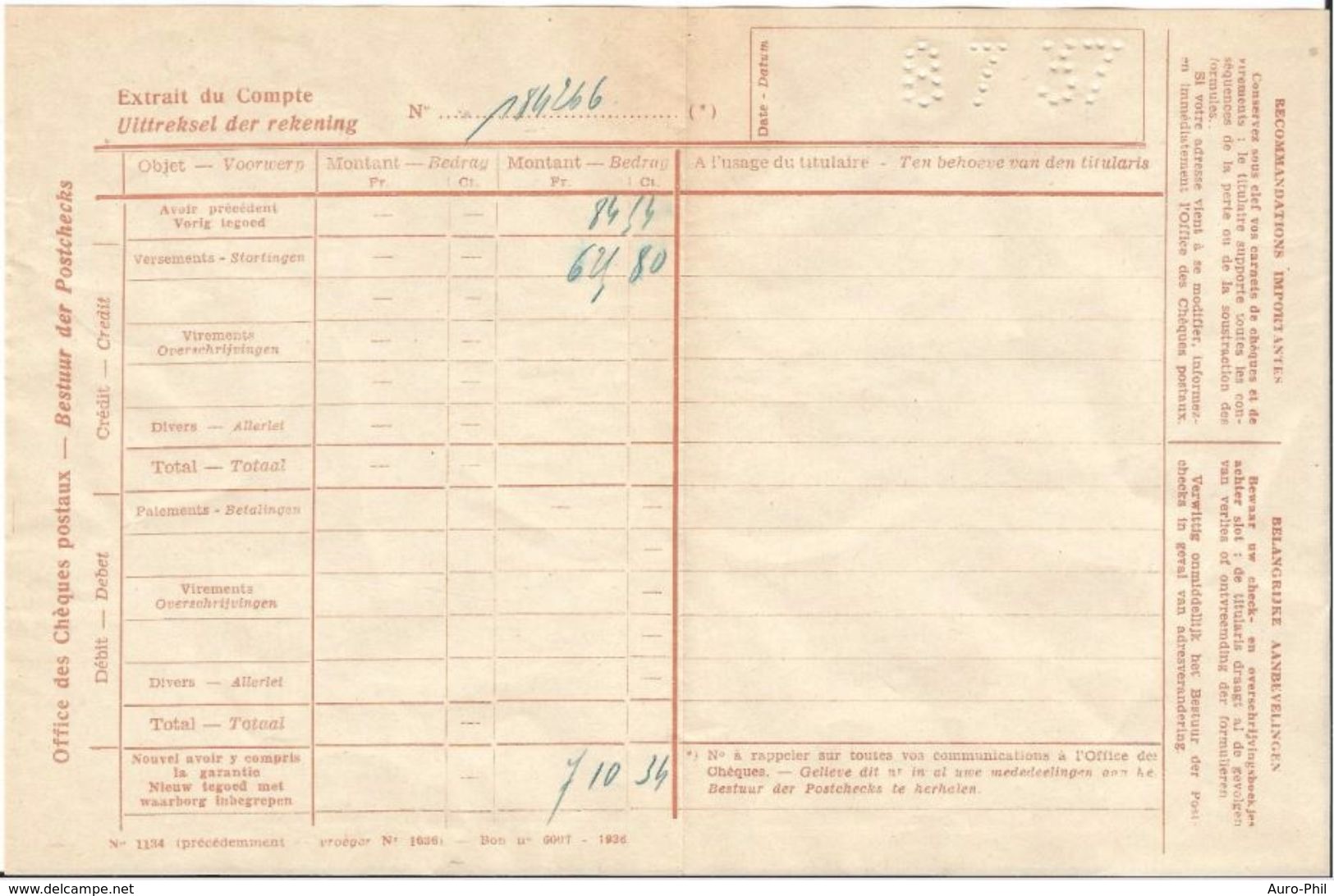 Office Des Chèques Postaux Extrait De Compte - Coupon De  Versement 1937 (Blankenberghe) - Bank & Versicherung