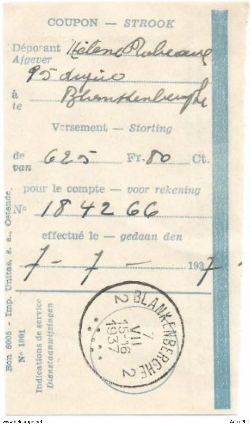 Office Des Chèques Postaux Extrait De Compte - Coupon De  Versement 1937 (Blankenberghe) - Bank & Insurance