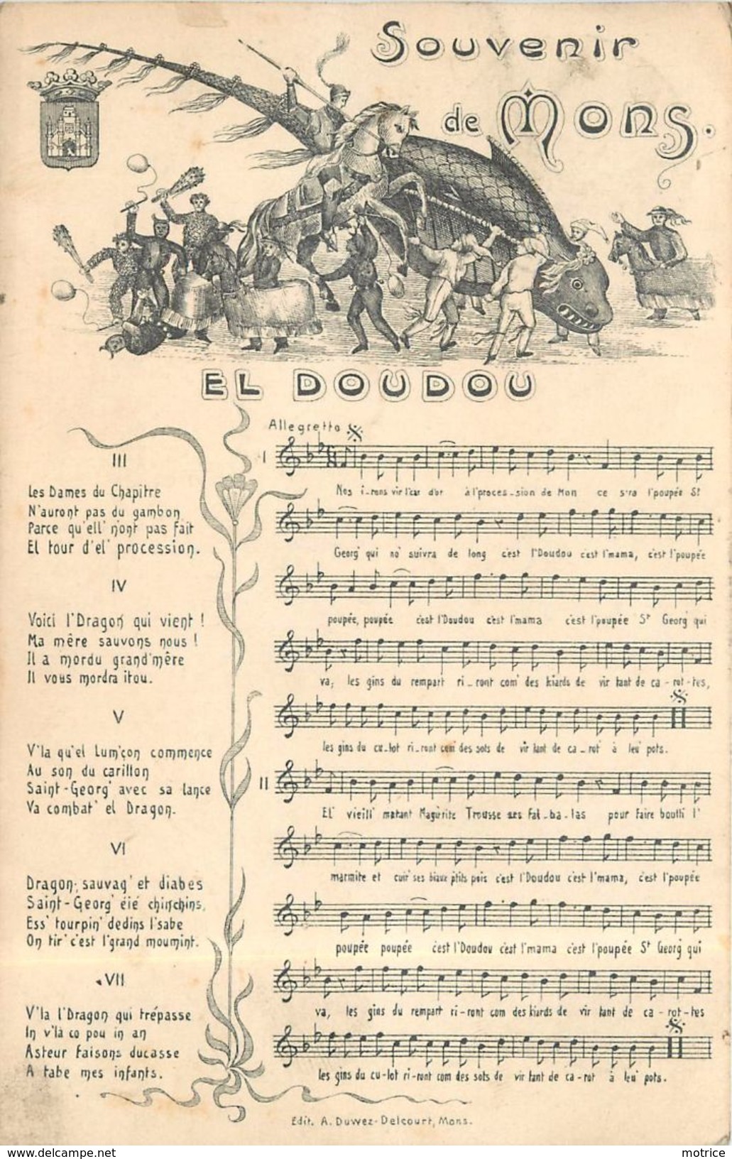 SOUVENIR DE MONS - El Doudou, Chanson, Carte Illustrée. - Mons