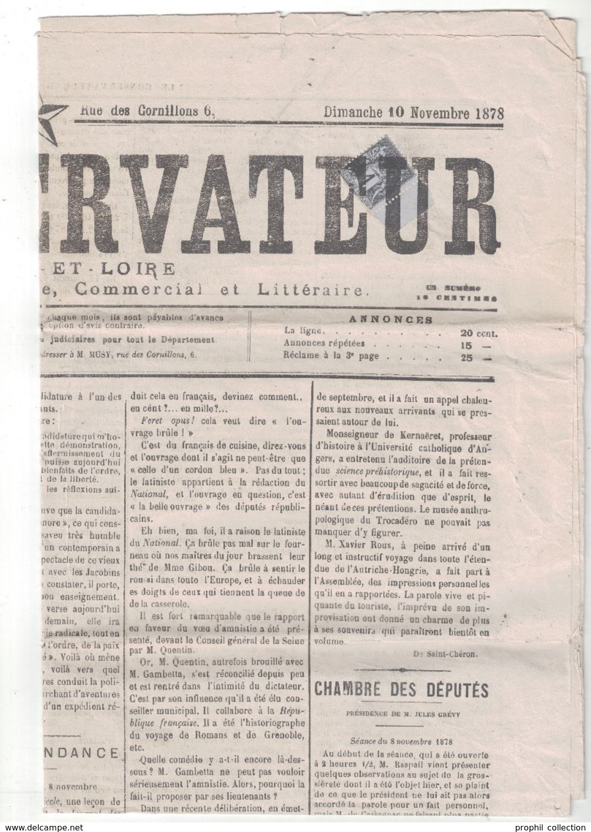 1878 - SAGE N°83 Obliteration TYPOGRAPHIQUE Sur JOURNAL COMPLET "LE CONSERVATEUR" Saone Et Loire Politique Commercial - 1877-1920: Période Semi Moderne