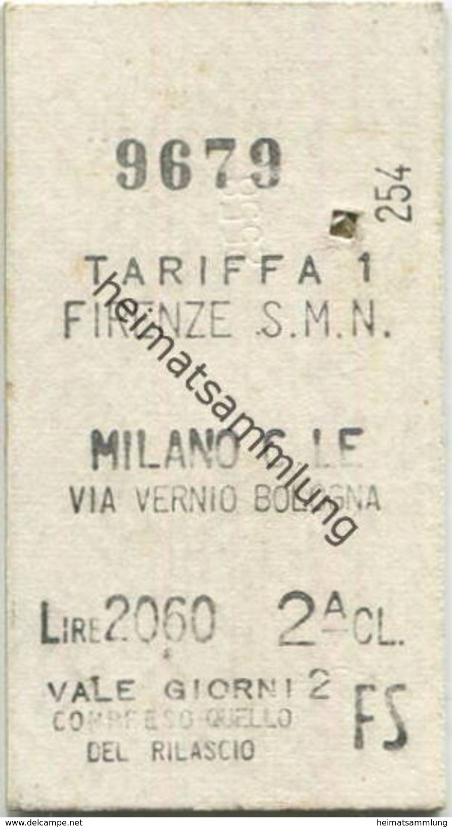 Italien - Firenze Milano Via Vernio Bologna - Biglietto Fahrkarte Cl. 2 1959 - Europa