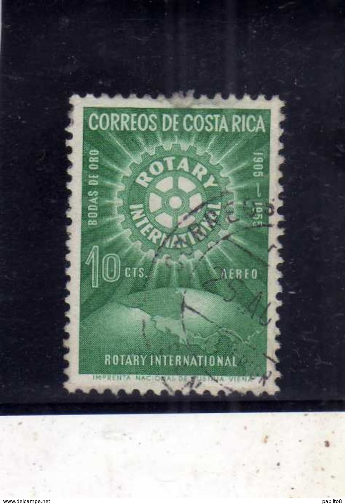 COSTA RICA 1956 AIR MAIL POSTA AEREA AEREO ROTARY INTERNATIONAL 50th ANNIVERSARY CENT. 10c USATO USED OBLITERE' - Costa Rica