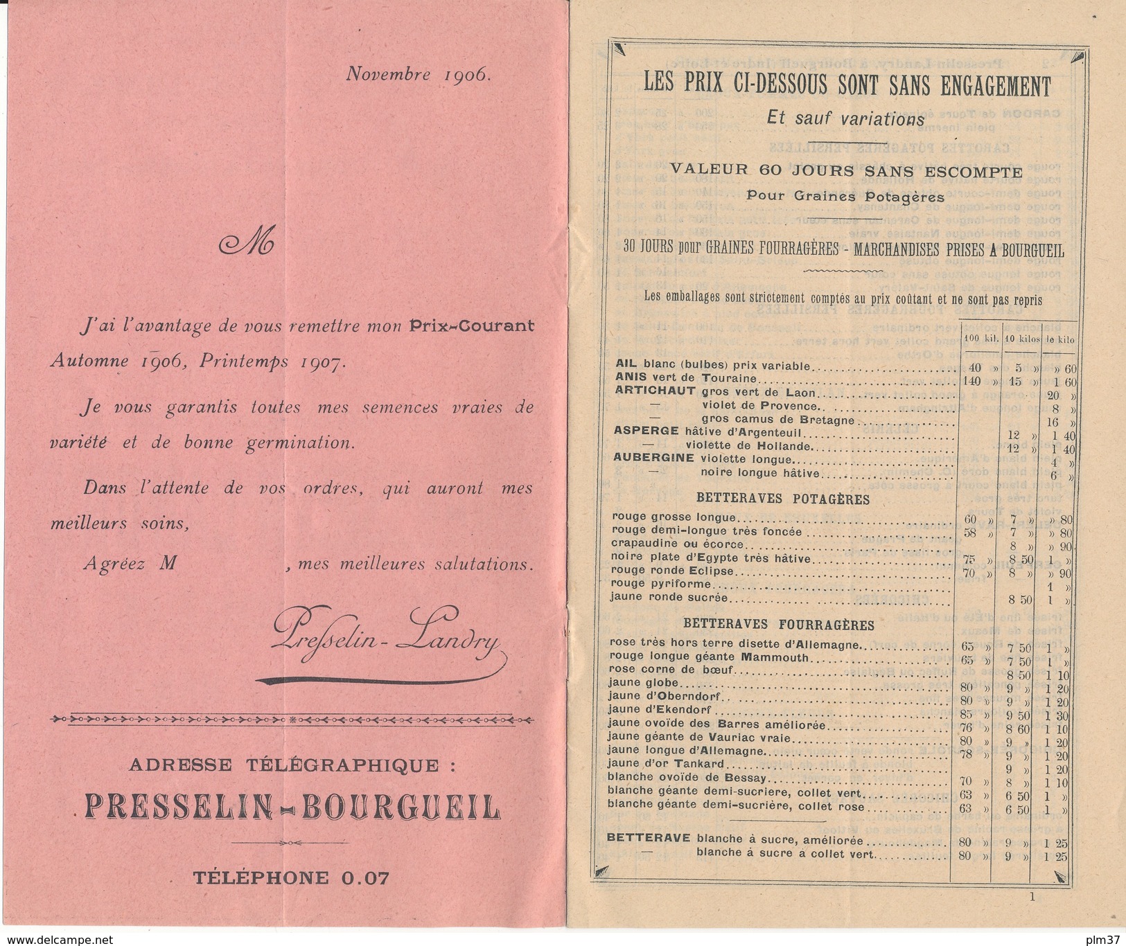 BOURGUEIL, Indre Et Loire - Cultures De Graines Potagères Et Fourragères - Catalogue 14 Pages, Prix Courant 1906-1907 - Agriculture