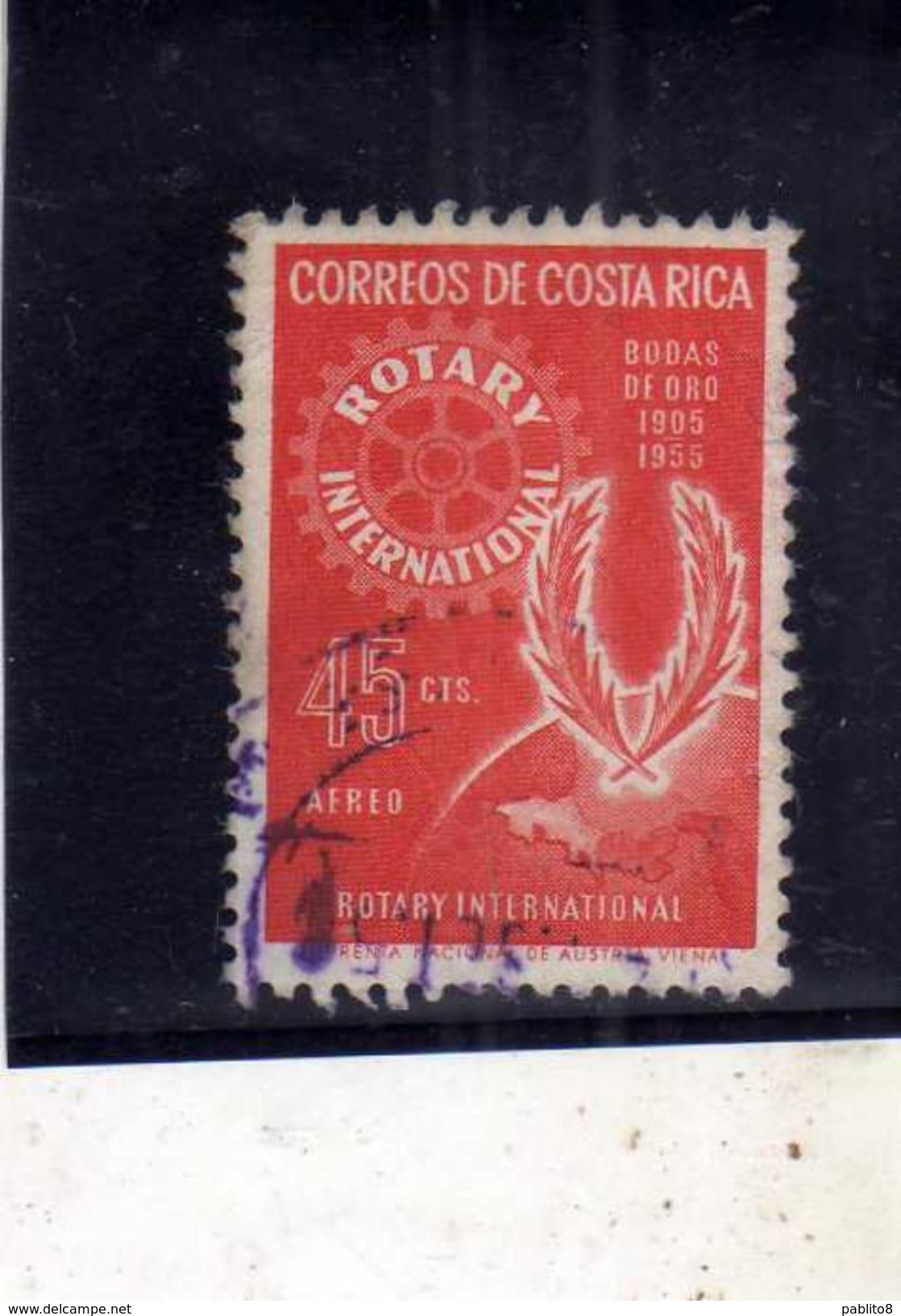 COSTA RICA 1956 AIR MAIL POSTA AEREA AEREO ROTARY INTERNATIONAL 50th ANNIVERSARY CENT. 45c USATO USED OBLITERE' - Costa Rica