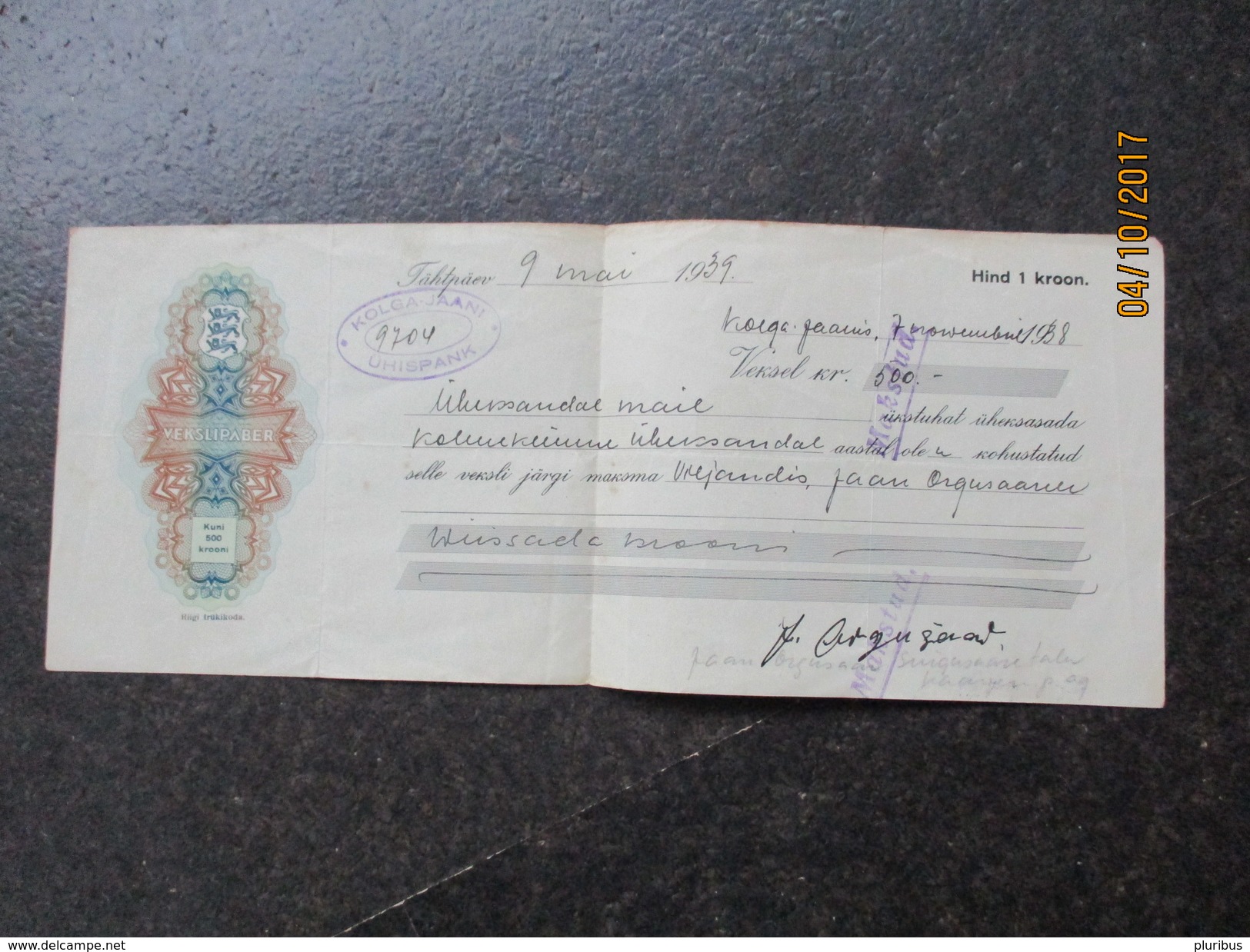 1939 ESTONIA  BILL OF EXCHANGE 500 KROONI KOLGA JAANI ÜHISPANK    , M - Non Classés