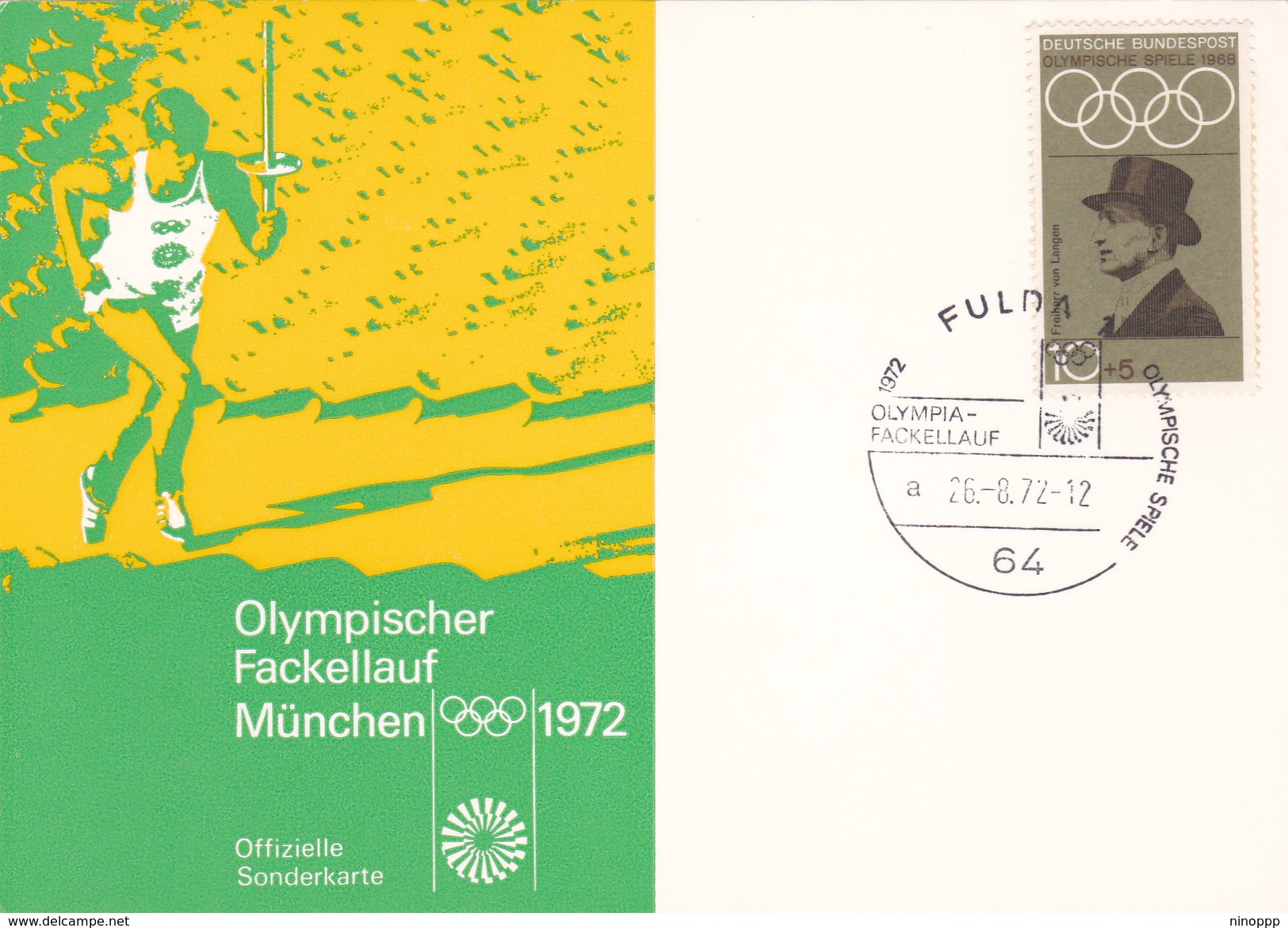 Germany 1972 Munchen Olympic Games Fulda Postmark, Dated 26-8, Postal Card Type 6 - Summer 1972: Munich