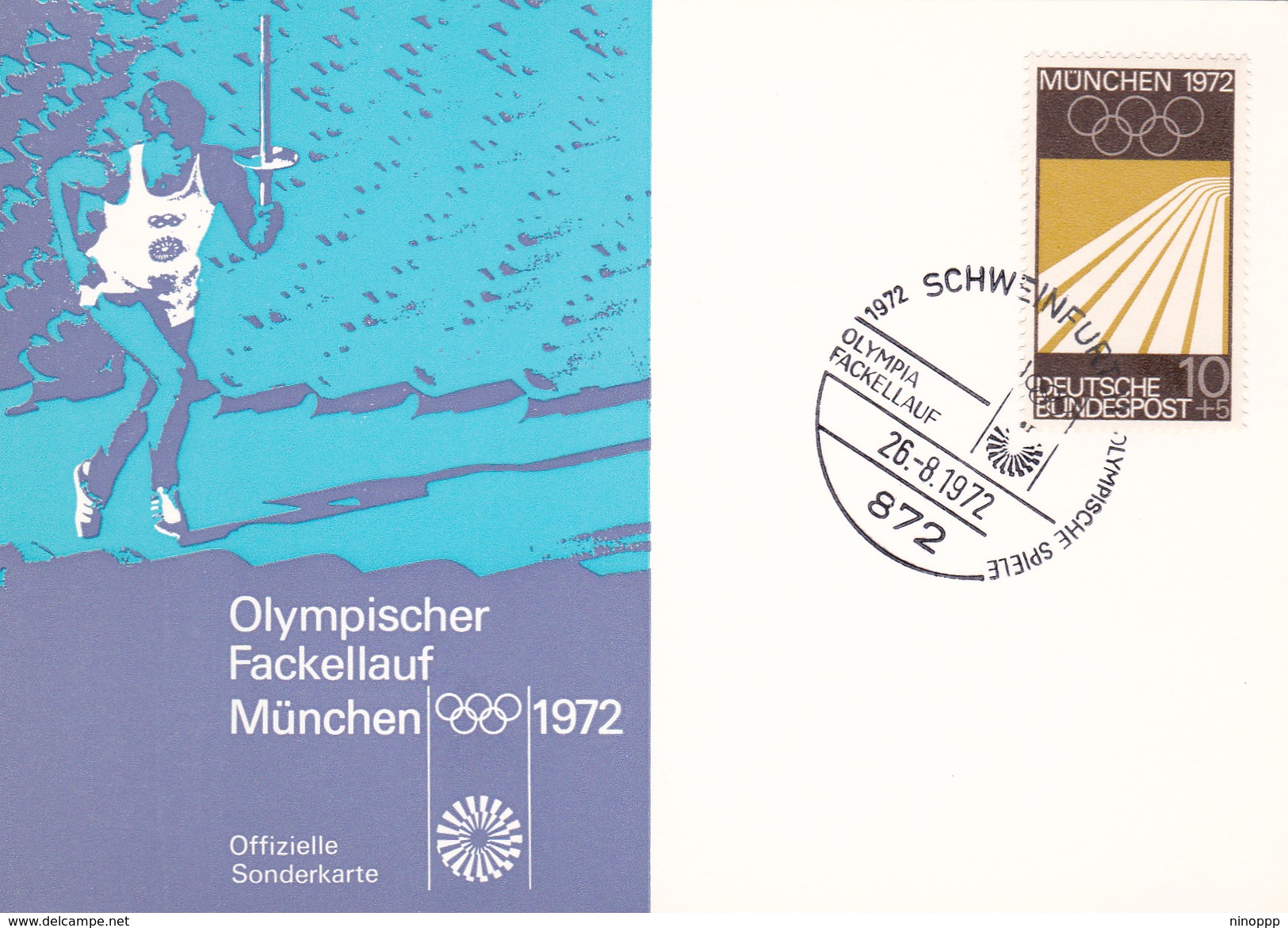 Germany 1972 Munchen Olympic Games, Schweeinfurt Postmark, Dated 26-8, Postal Card Type 3 - Summer 1972: Munich