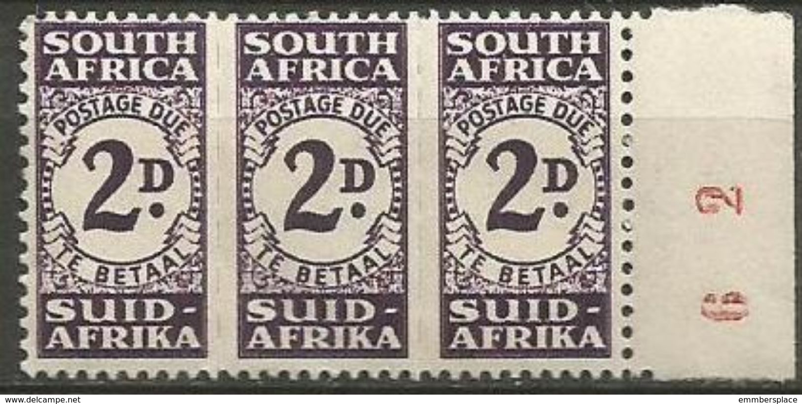 South Africa - 1943 Numeral Strip Of 3 MNH **  Sc J32 - Timbres-taxe