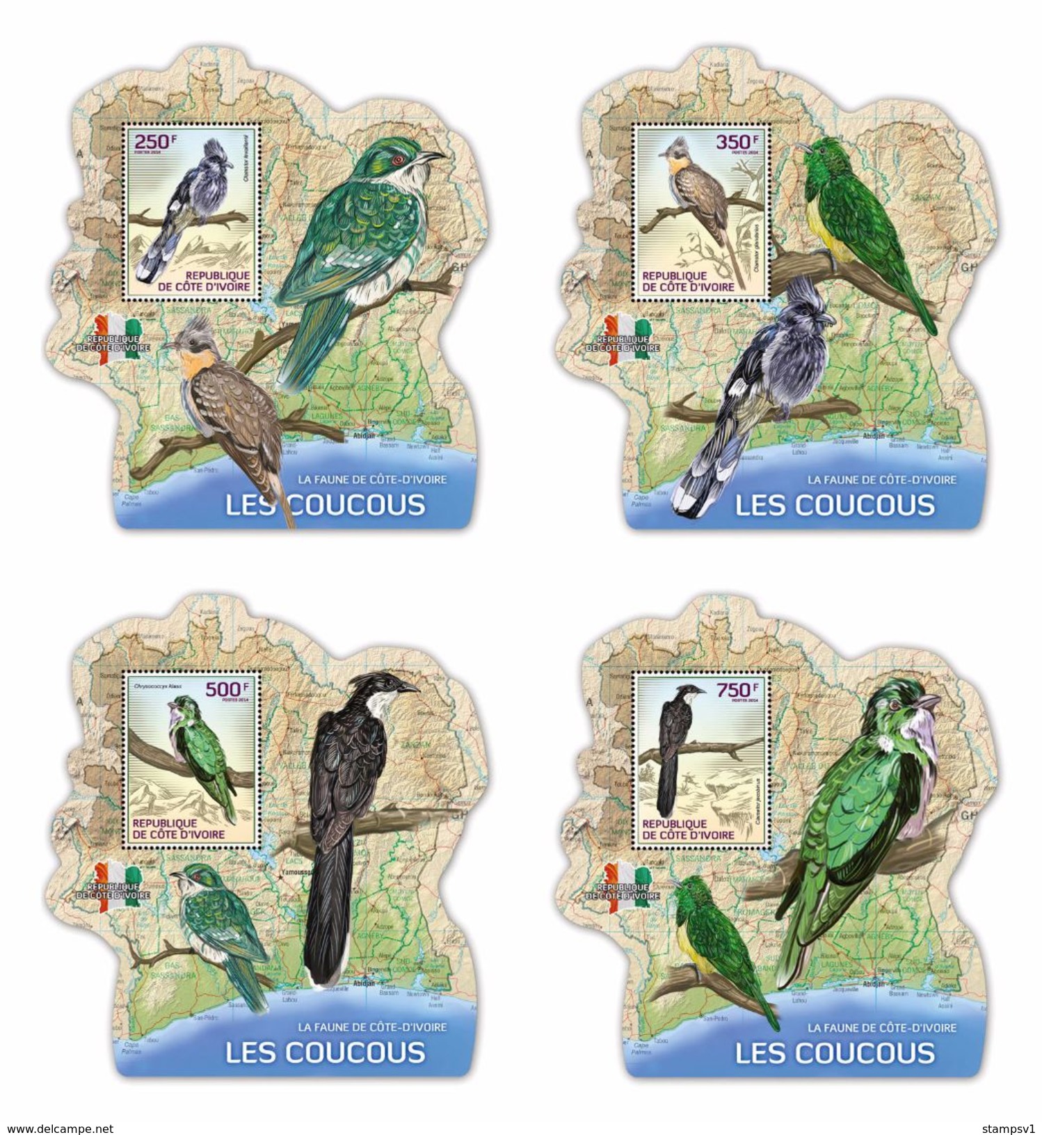 Ivory Coast. 2014 Cuckoos.  4 Blocks Deluxe. (105d) - Cuco, Cuclillos