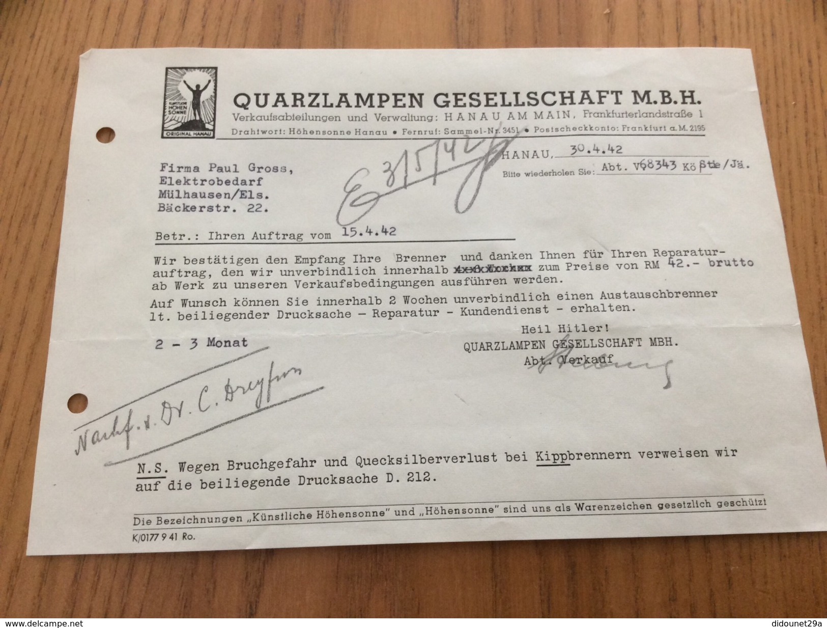 Bon De Commande Allemagne 1942 "QUARZLAMPEN GESELLSCHAFT M.B.H - HANAU" (brûleurs - "Heil Hitler") - 1900 – 1949