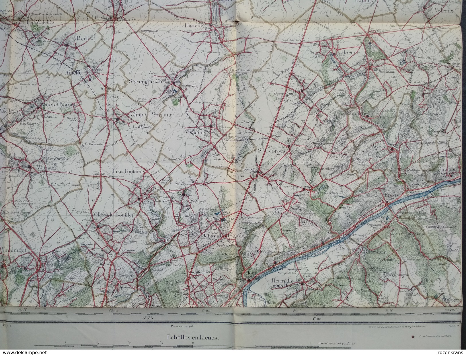 Topografische en militaire kaart STAFKAART 1906 Waremme Wasseiges Hannut Momalle Jehay-Bodegnée Braives Horion
