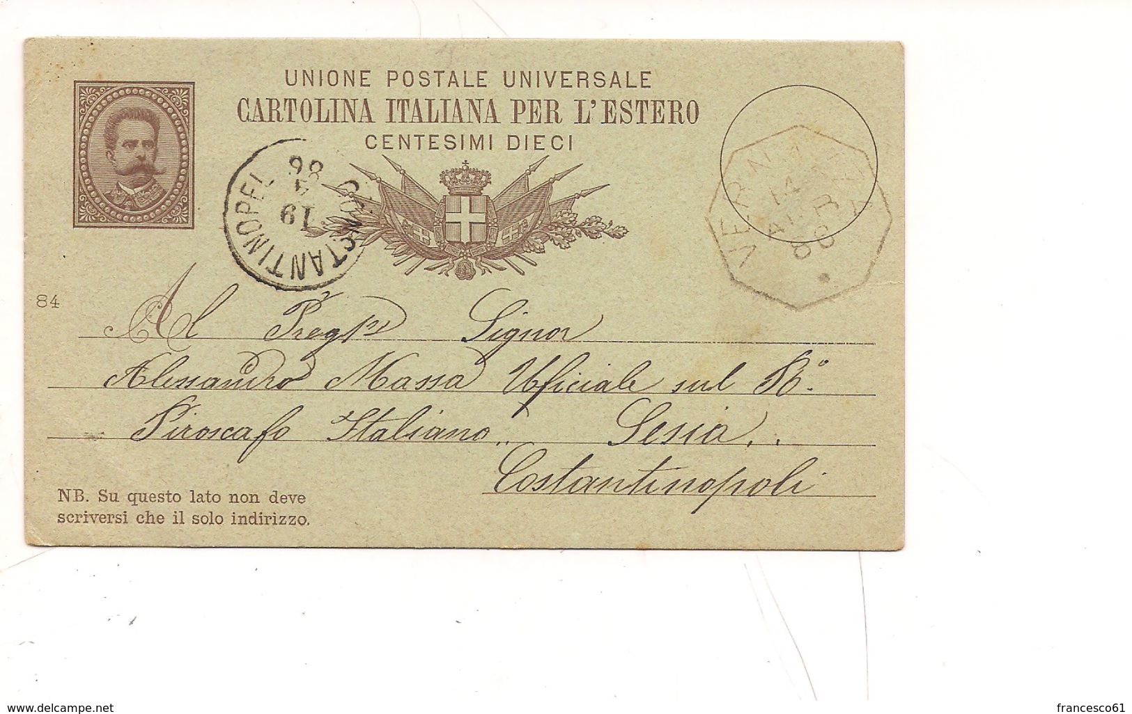 1848) Storia POSTALE Annullo Collettoria Ottagonale VERNAZZA 1886 X Piroscafo SESIA Costantinopoli - Storia Postale