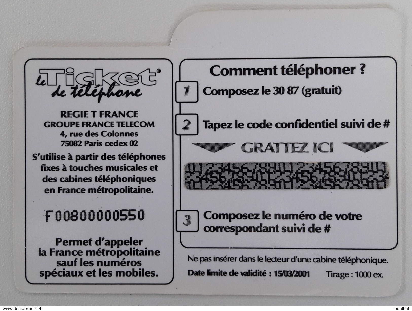 PR 59 Télécarte Info   Le Ticket France Télécom    Code Non  Gratté - Tickets FT