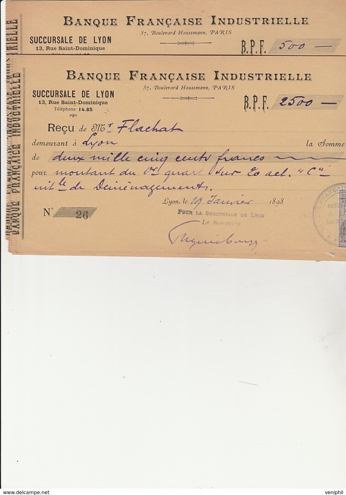 10 RECU TIMBRES  BANQUE FRANCAISE INDUSTRIELLE - SUCCURSALE DE LYON  - ANNEE 1898 - Cambiali
