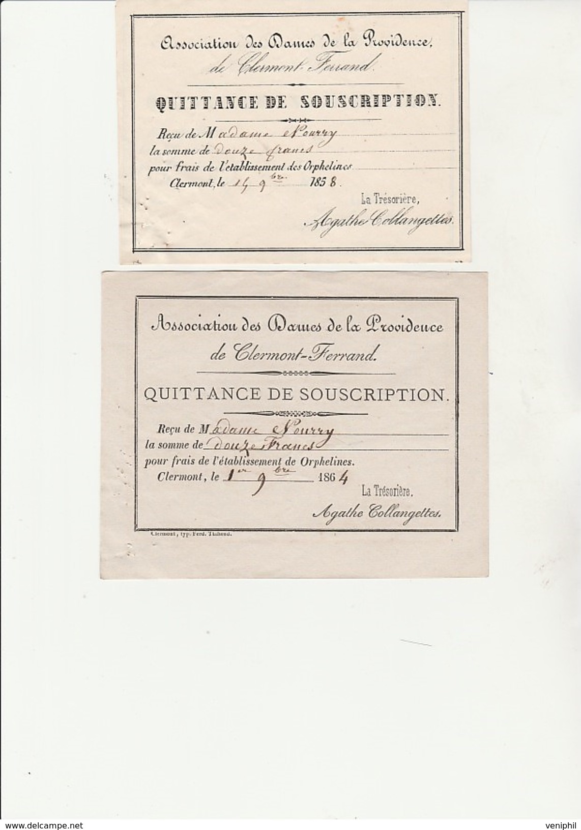 QUITTANCE DE SOUSCRIPTION ANNEE 1858 ET 1864 - ASSOCIATION DES DAMES DE LA PROVIDENCE -CLERMONT-FERRAND - Ohne Zuordnung