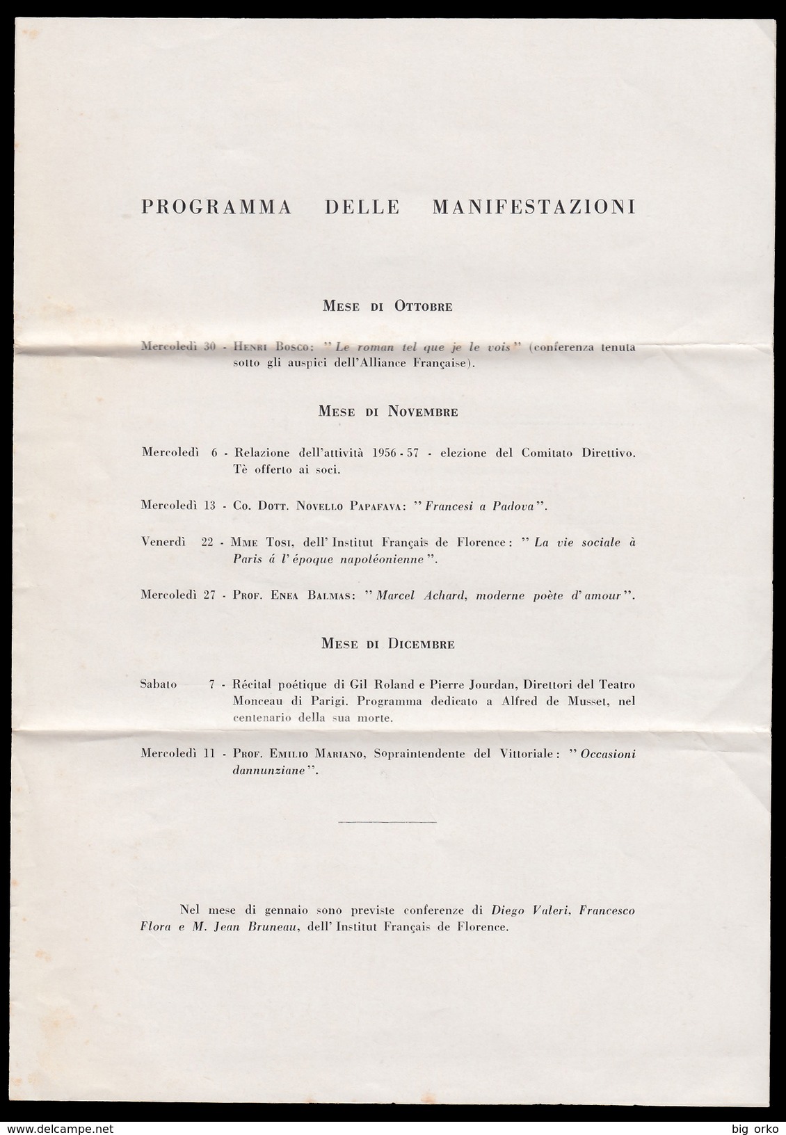 CLUB ITALO - FRANCESE DI PADOVA - Programma Delle Manifestazioni (novembre 1957) - Programmi