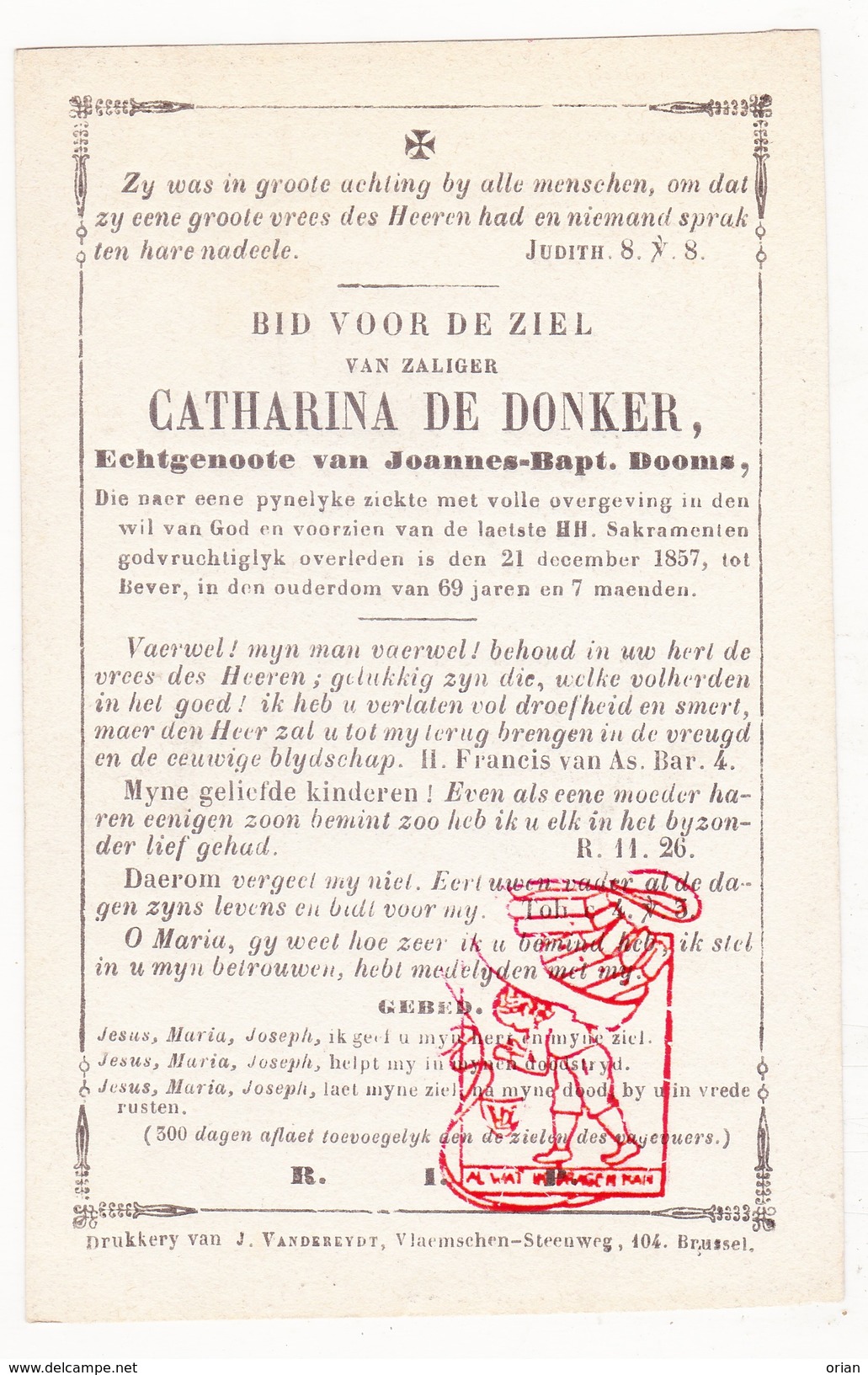 DP Catharina De Donker ° 1788 † Bever Biévène 1857 X Joannes B. Dooms - Images Religieuses