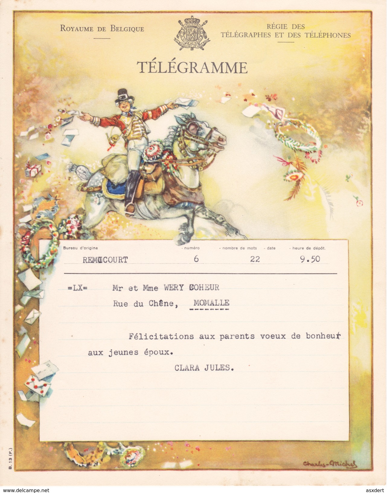 TELEGRAMME B.13 (F.) Bureau D'origine REMICOURT  Vers MOMALLE +1950 T.B - Telegramas