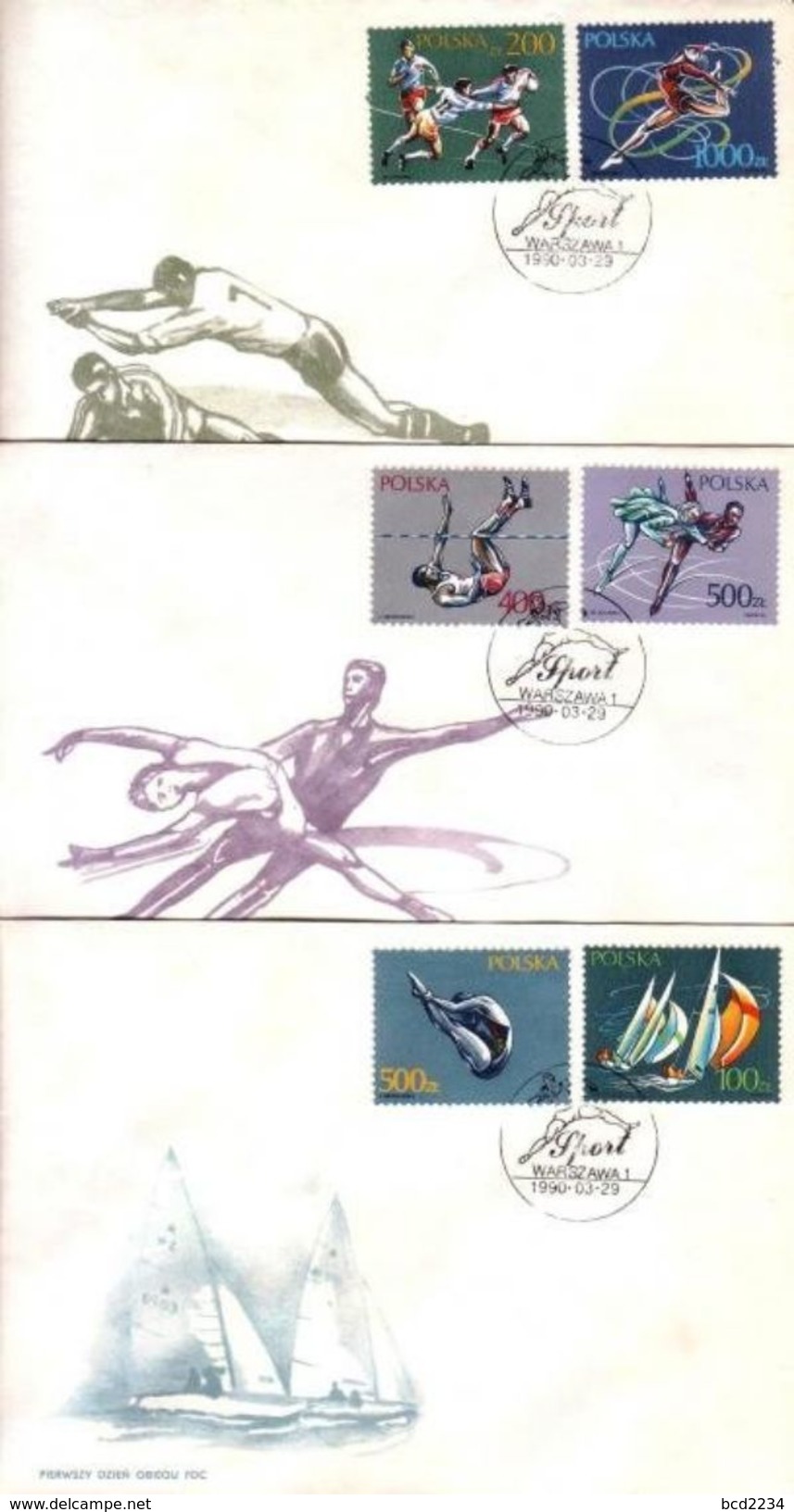 POLAND FDC 1990 VARIOUS SPORTS DIVING GYMNASTICS YACHTING HANDBALL HIGH JUMP ICE DANCING SKATING RUGBY YACHTS - High Diving