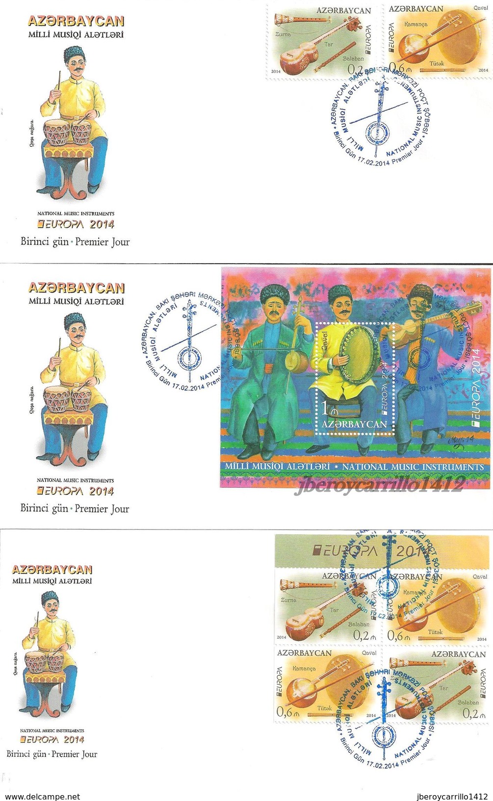 AZERBAÏDJAN // AZERBAYAN - EUROPA &ndash; CEPT 2014  - " INSTRUMENTS De MUSIQUE" - 3 FDC'S: SERIE + BF+ BLOC De 4 CARNET - 2014