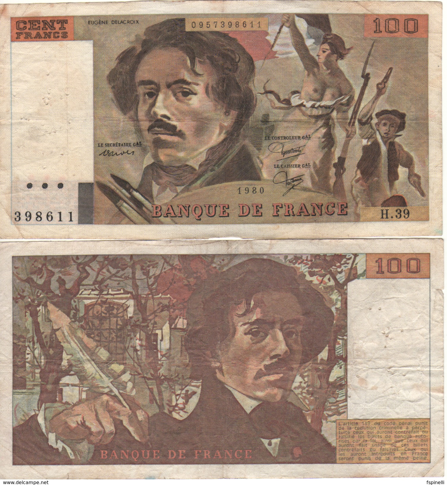 FRANCE   100 Francs  (Eugene Delacroix) P154  Various Dates   Circulated   F/VF - 100 F 1978-1995 ''Delacroix''