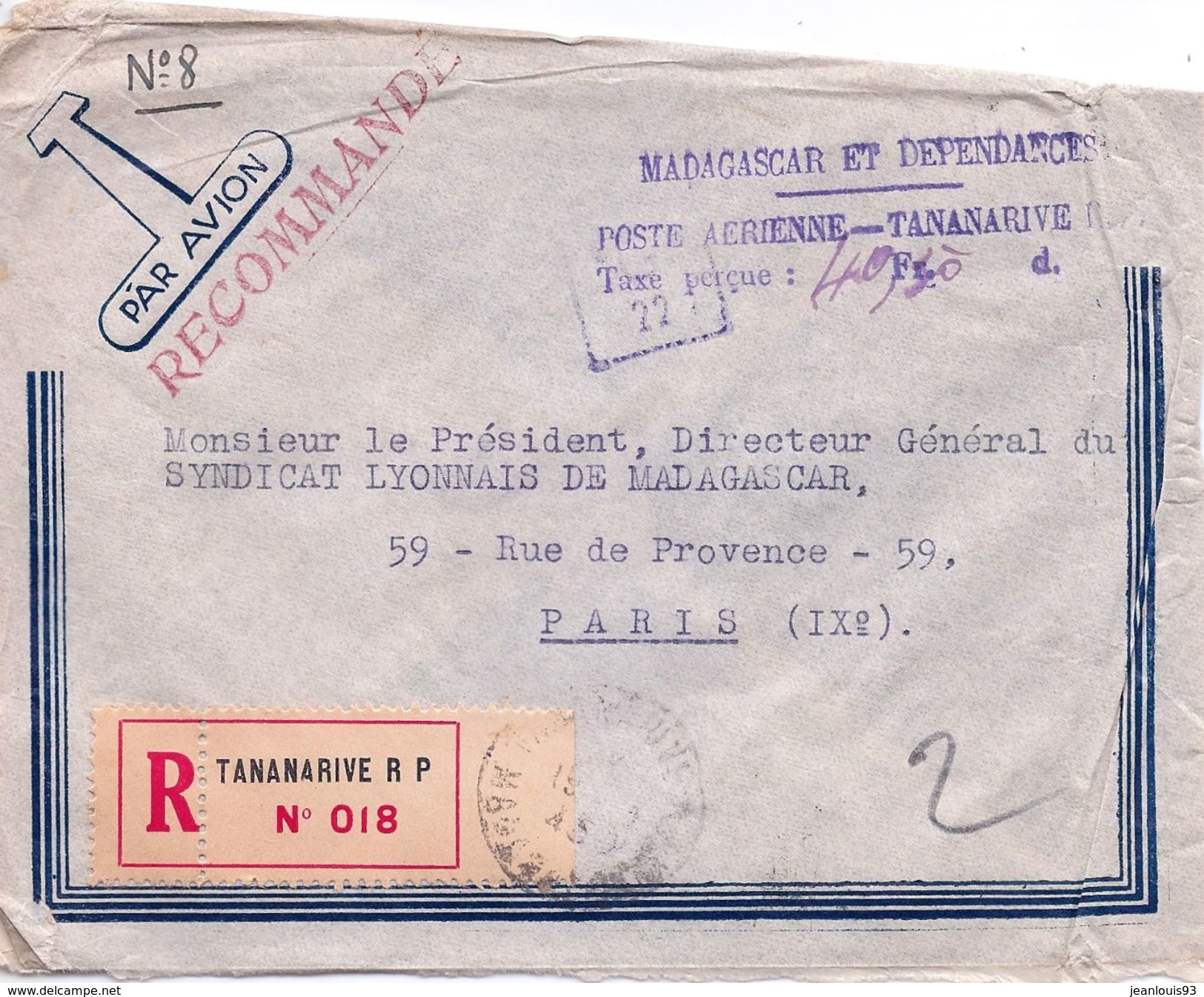 MADAGASCAR - LETTRE RECOMMANDEE PAR AVION 1945 TANANARIVE PARIS - PAIEMENT EN NUMERAIRE FAUTE DE TIMBRES - Poste Aérienne