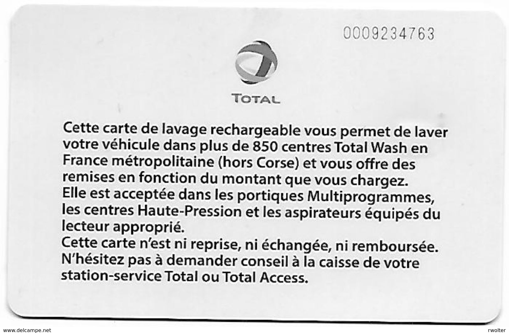 @+ Carte De Lavage TOTAL Wash Rechargeable 850 Stations - France - Car Wash Cards
