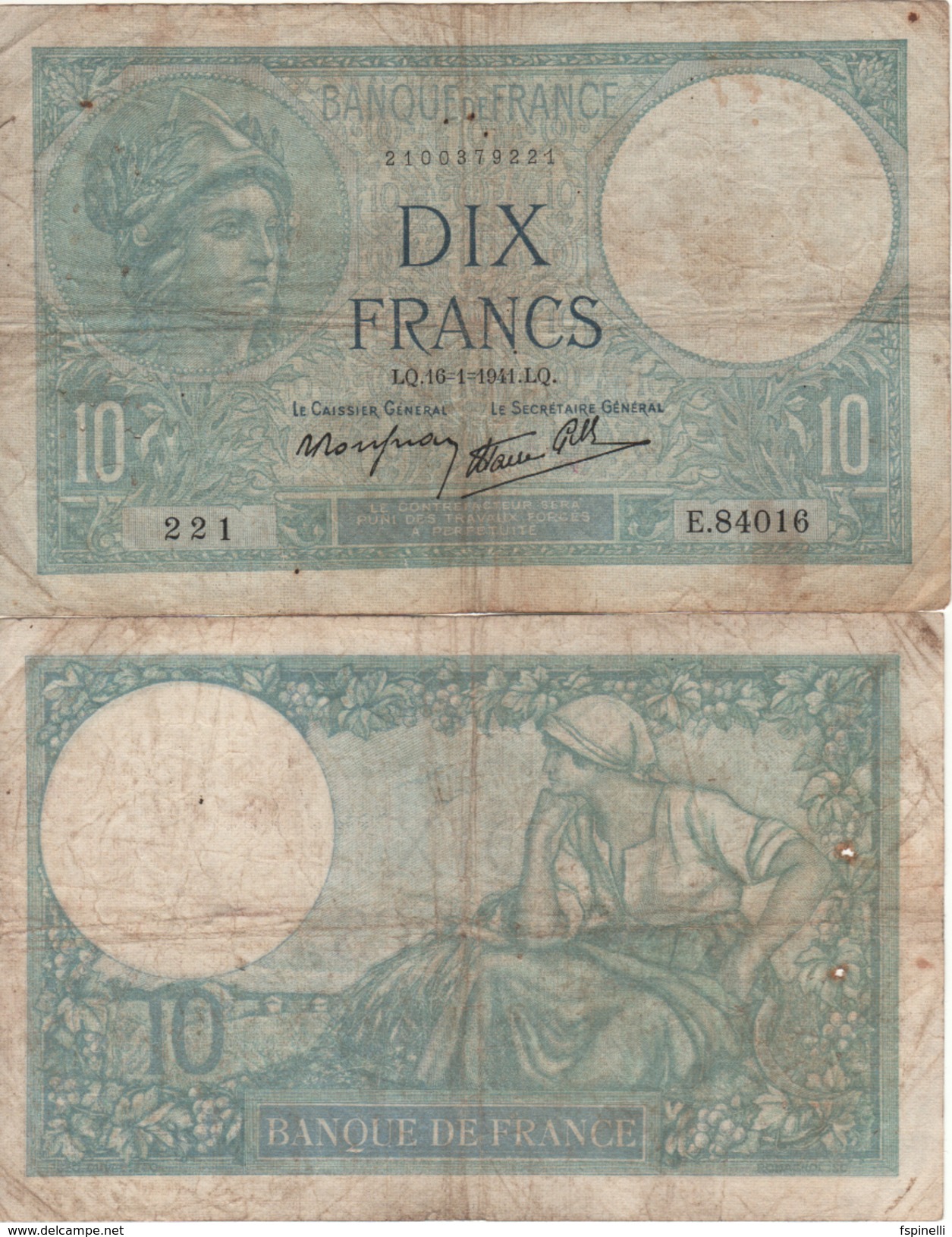 FRANCE   10 Francs   P73   "Minerva"    Various Dates  From 1916-1942 - 10 F 1916-1942 ''Minerve''