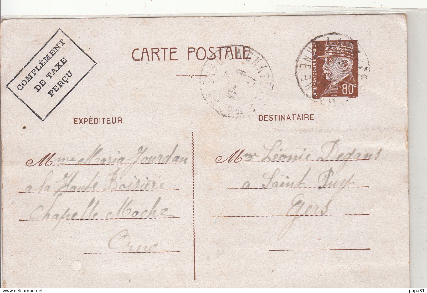 Entier Postal Carte Maréchal Pétain 0.80 - 1942 - 2. Weltkrieg 1939-1945