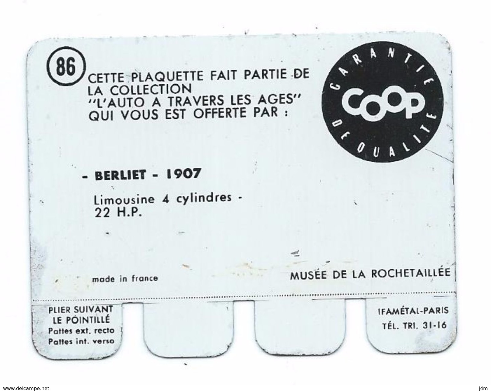 PLAQUETTE PUBLICITE COOP...PLAQUE En TOLE..Automobile.. BERLIET - 1907.. N 86 - Plaques En Tôle (après 1960)