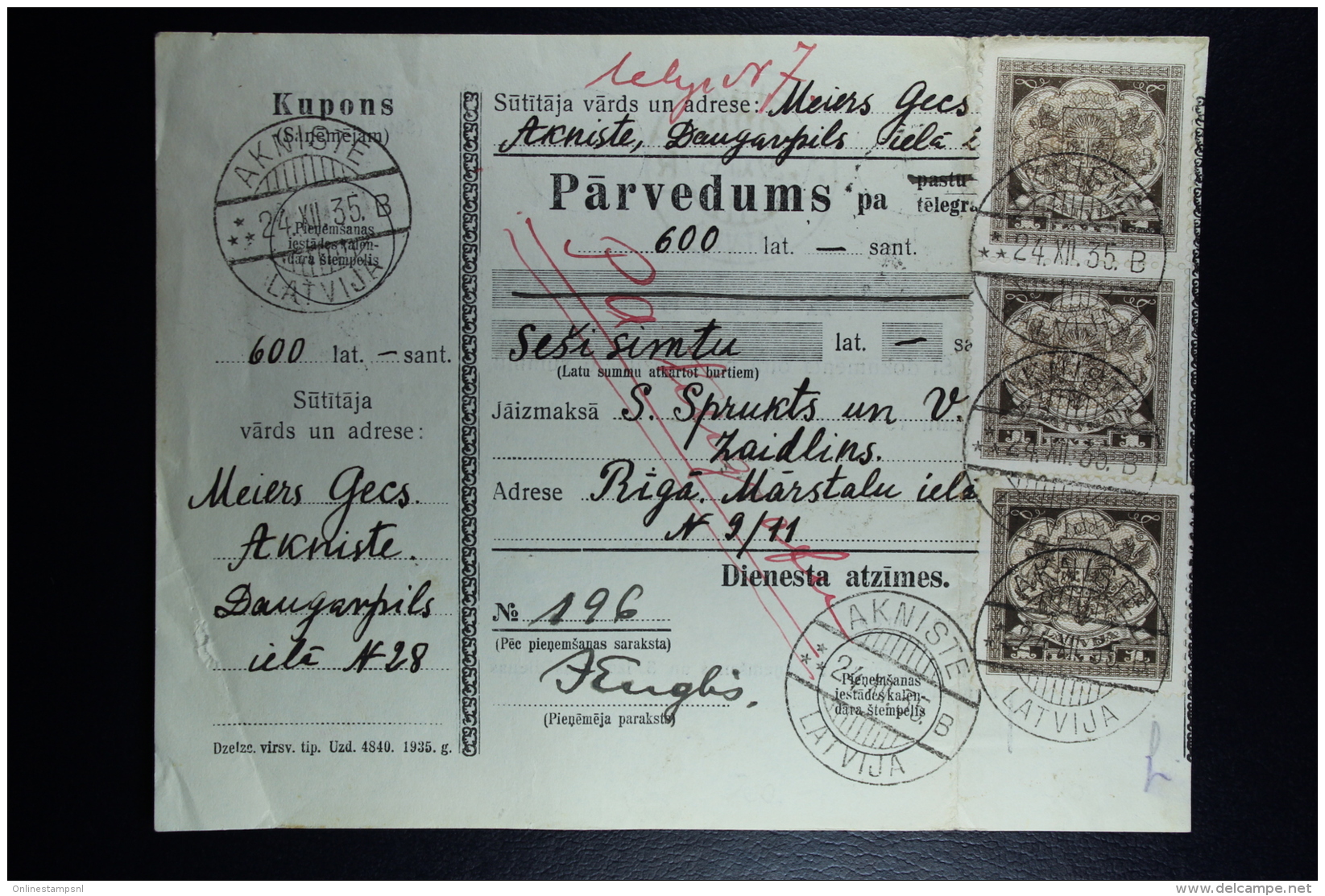 Latvia : Money Order 1935 Oknist Riga - Lettonia