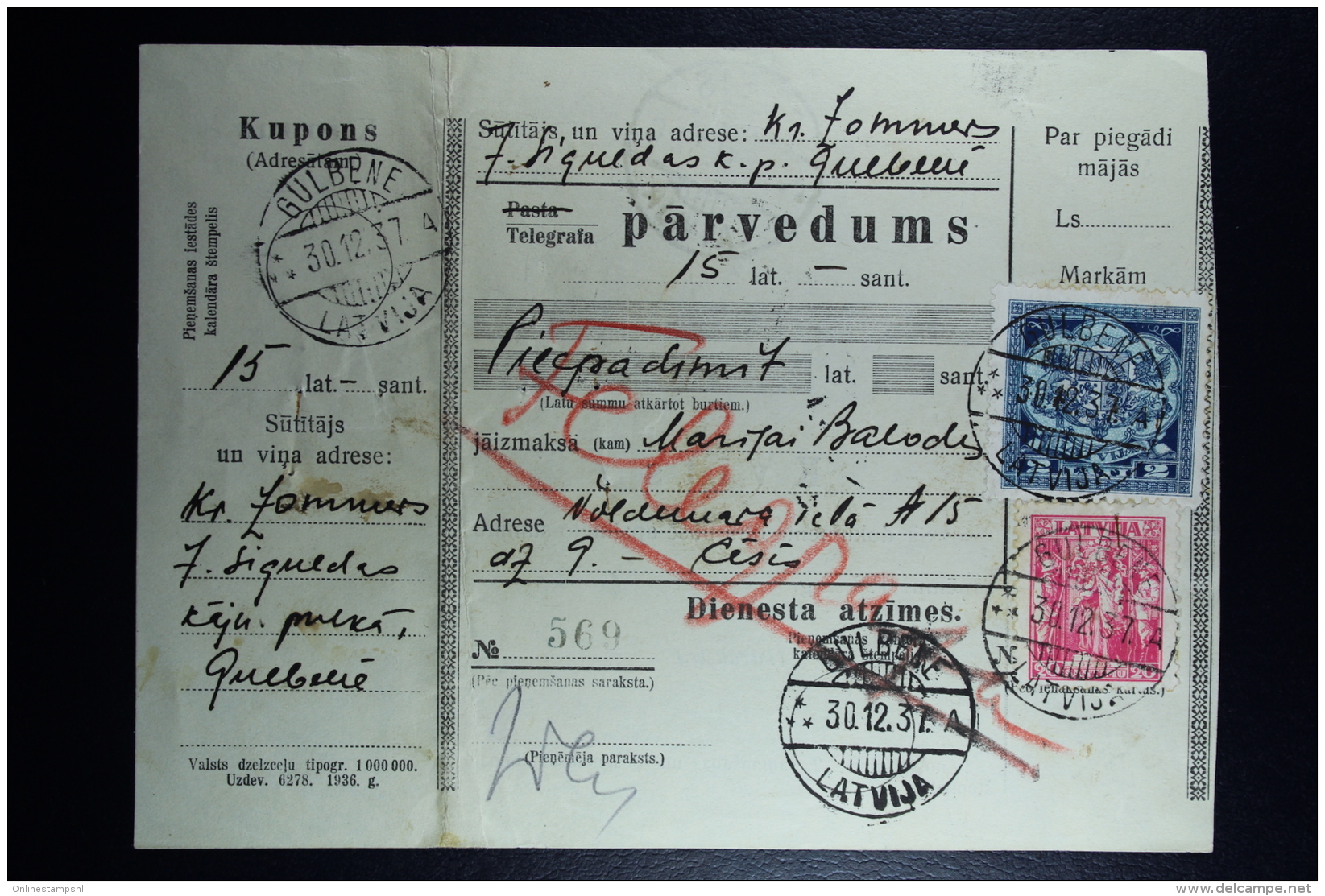 Latvia : Money Order 1937 Schwanenburg Cesis - Lettland