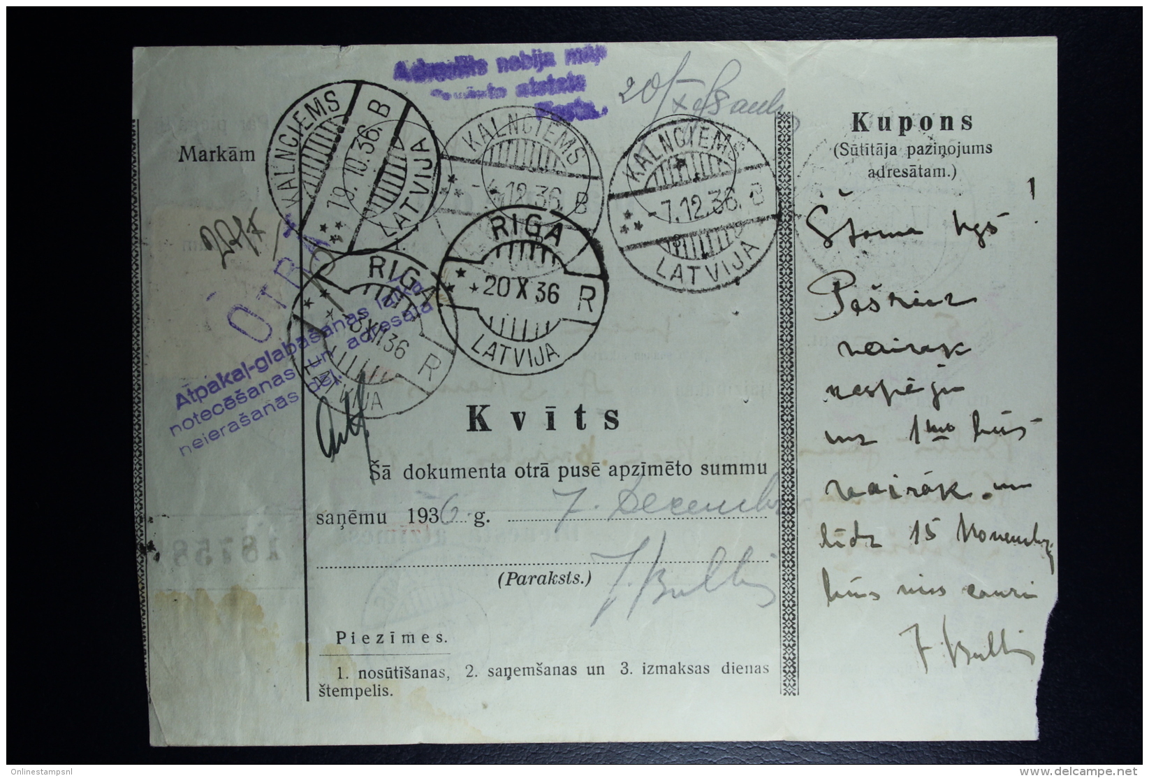 Latvia : Money Order 1936 Kalnzeem Riga - Lettonia