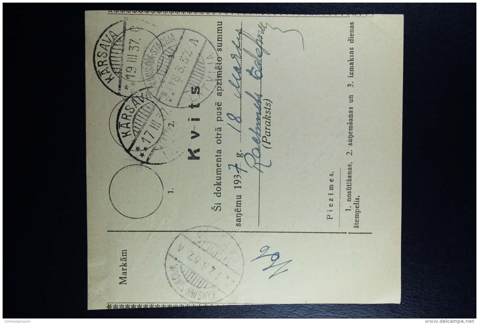 Latvia : Money Order 1937 Pytalowo Karsava Stacija - Latvia