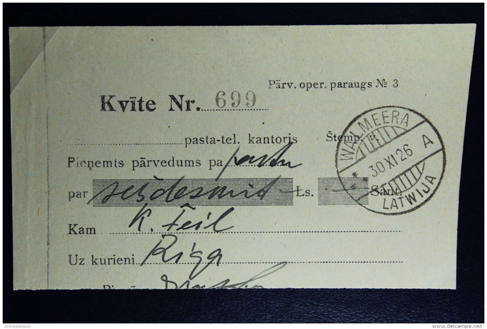 Latvia : Money Order Receipts 1926 Wolmar Riga - Lettonie