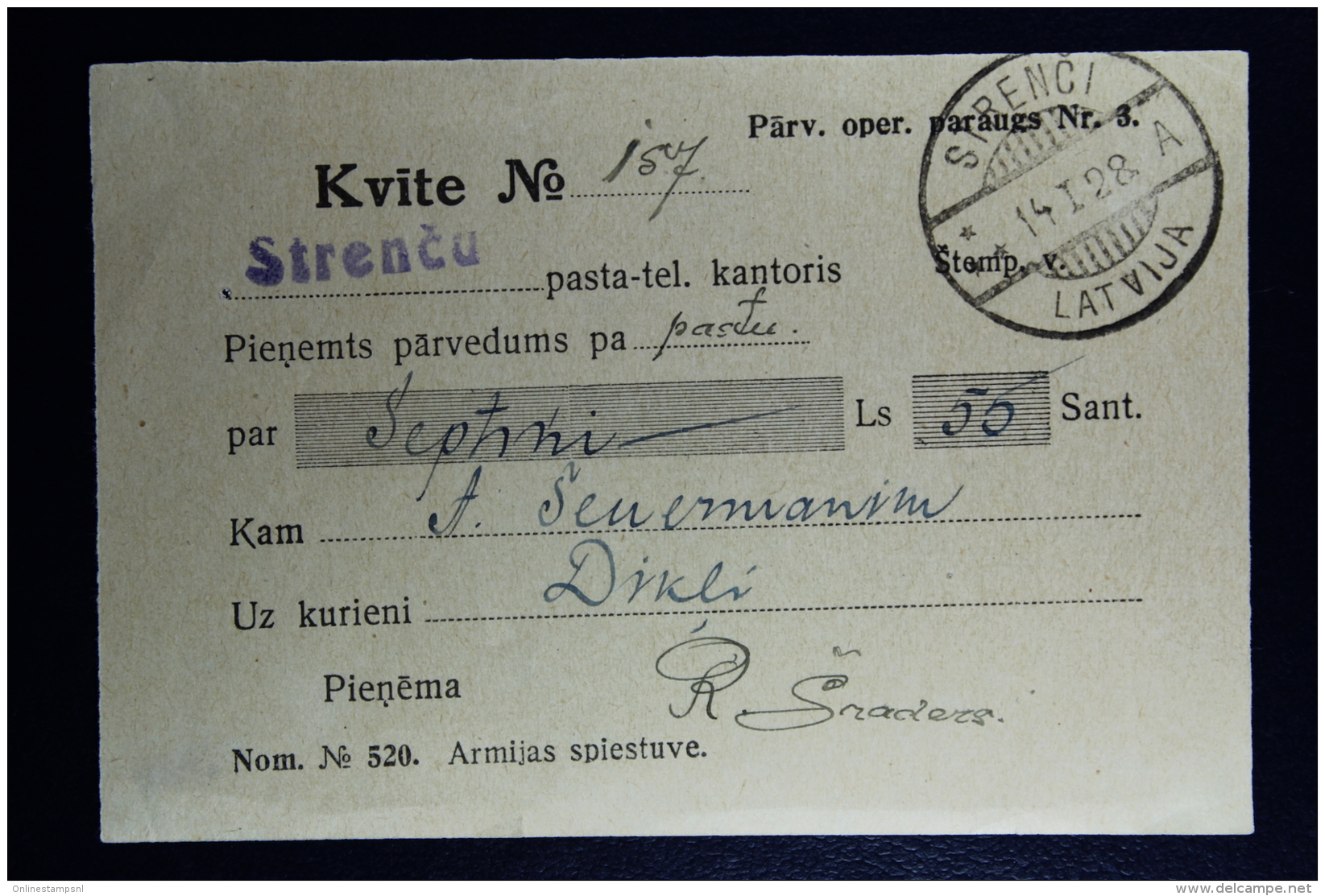 Latvia : Money Order Receipts 1928 Stackeln Dikli - Lettonie