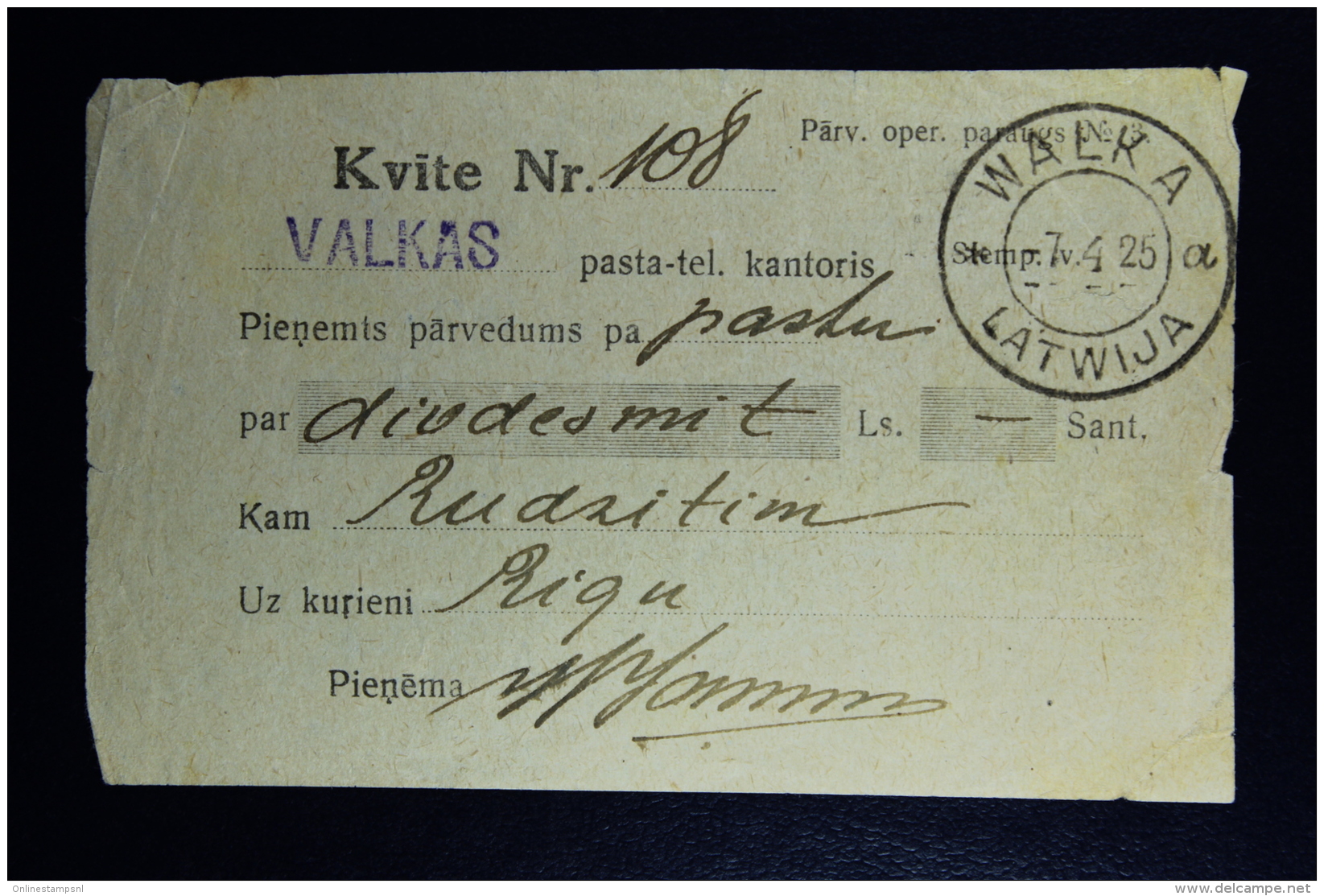 Latvia : Money Order Receipts 1925 Walka Riga - Lettonie