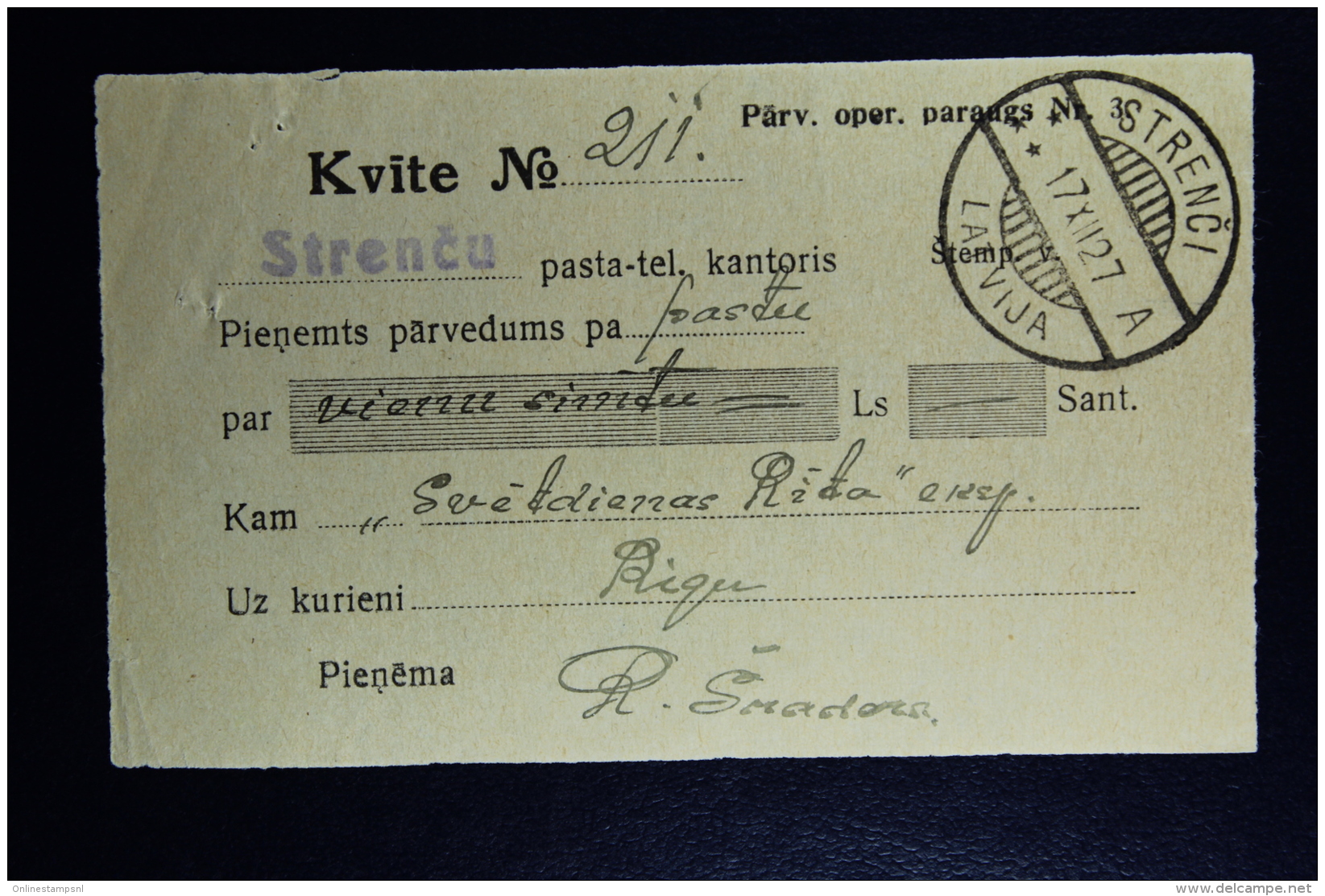 Latvia : Money Order Receipts 1927 Stackeln Riga - Lettonia