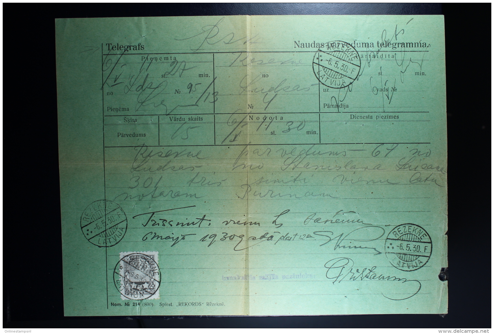 Latvia : Telegraphic Money Order 1930 Rositten Ludsen - Lettland