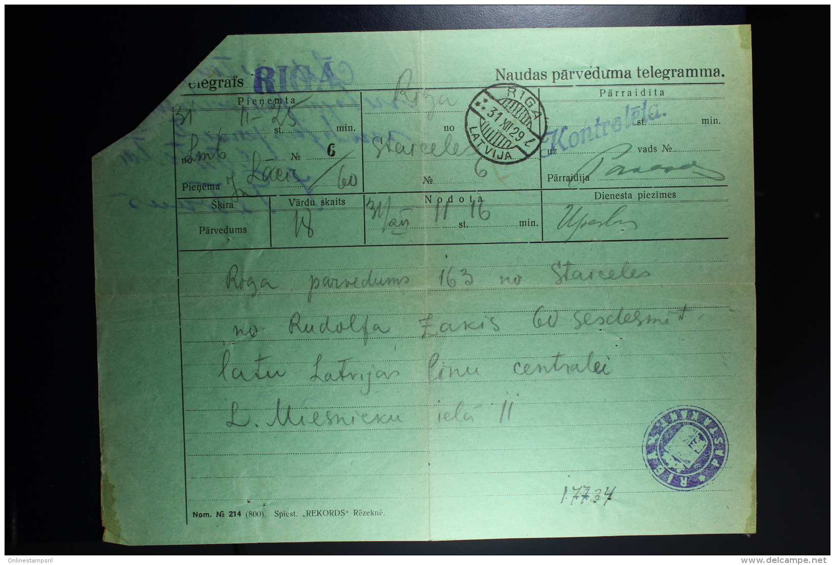 Latvia : Telegraphic Money Order 1929 Riga - Lettonia