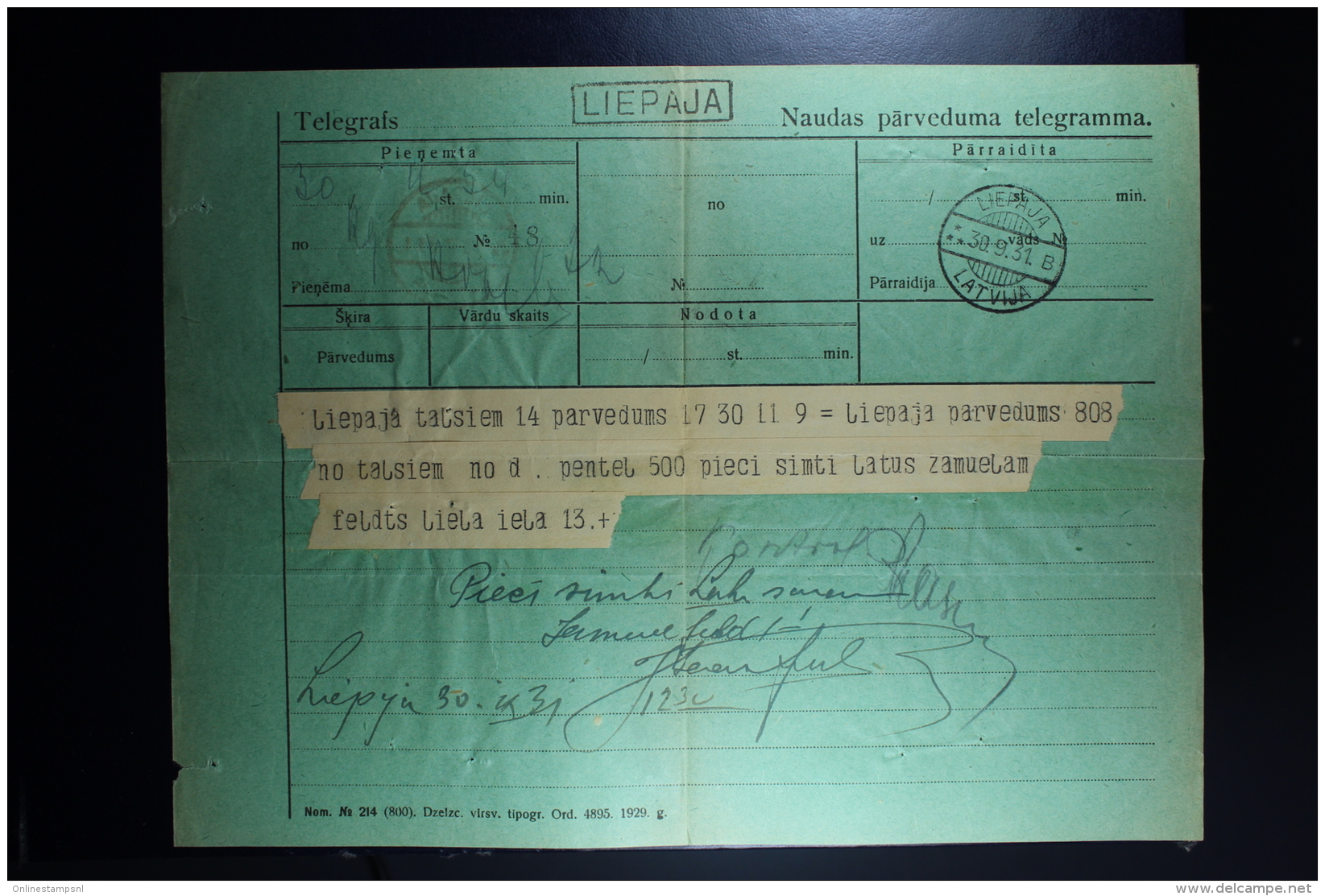 Latvia : Telegraphic Money Order 1931 Libau Talsen - Lettland