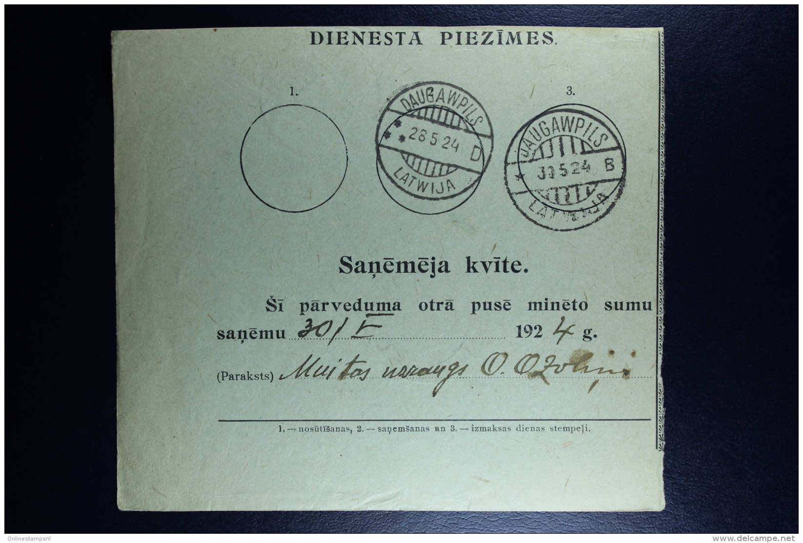 Latvia : Official Money Order 1924 Rositten Dunaburg - Lettland