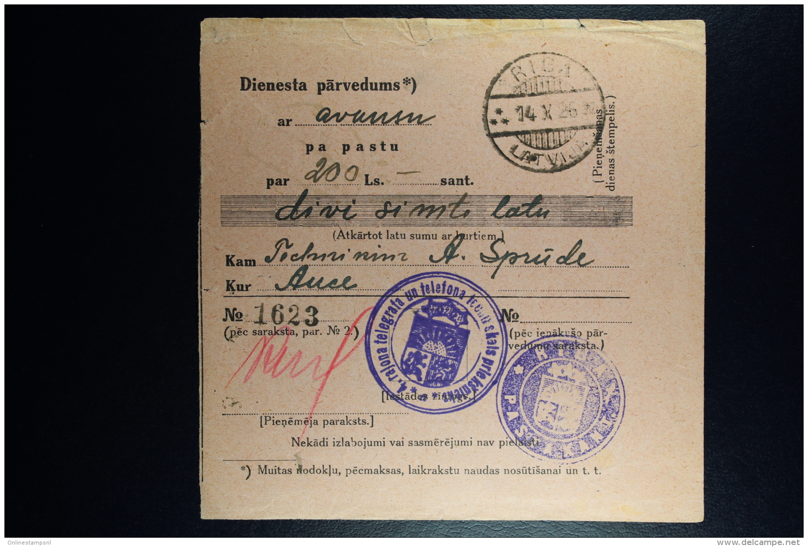 Latvia : Official Money Order 1926 Riga Auce - Lettland