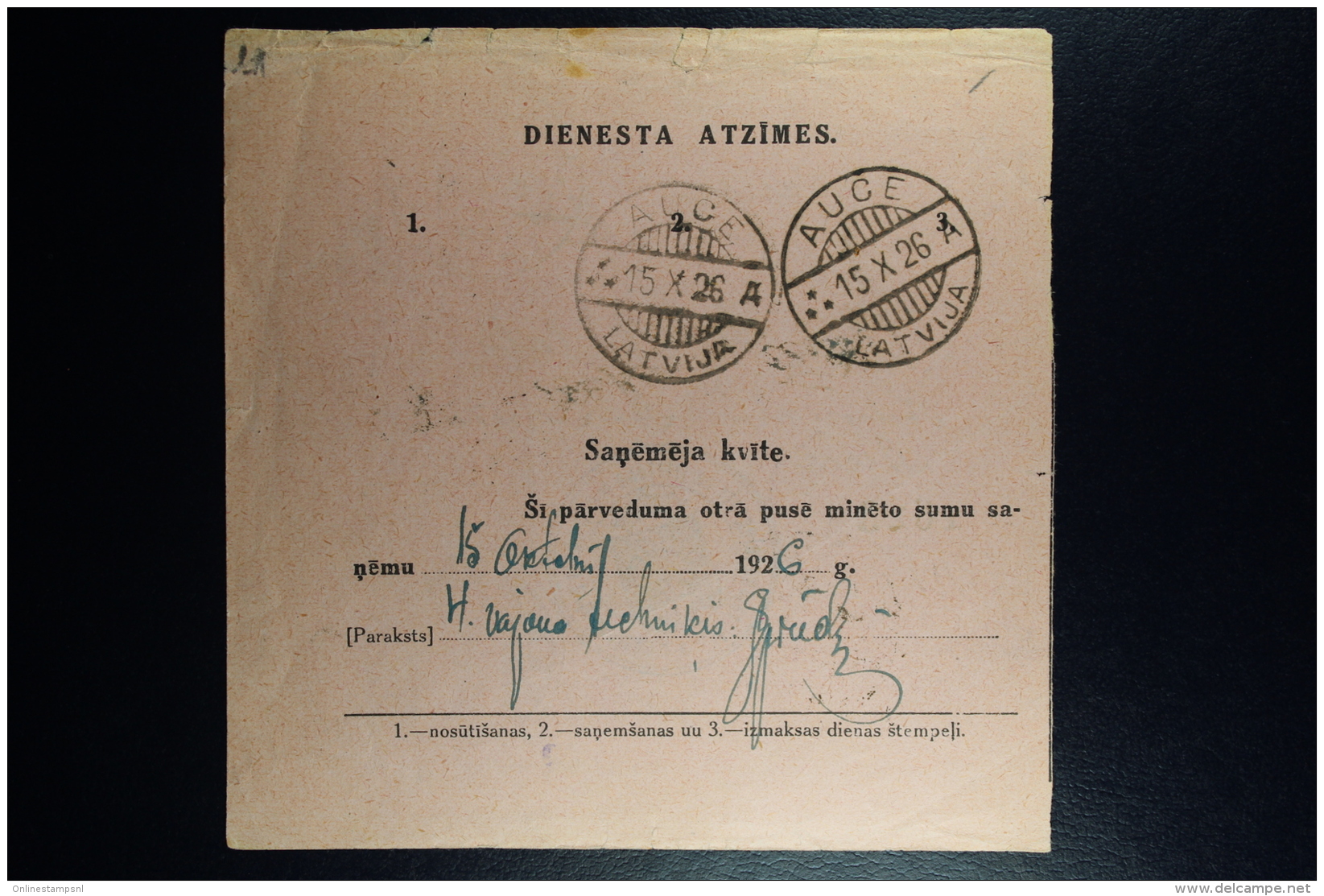 Latvia : Official Money Order 1926 Riga Auce - Lettland