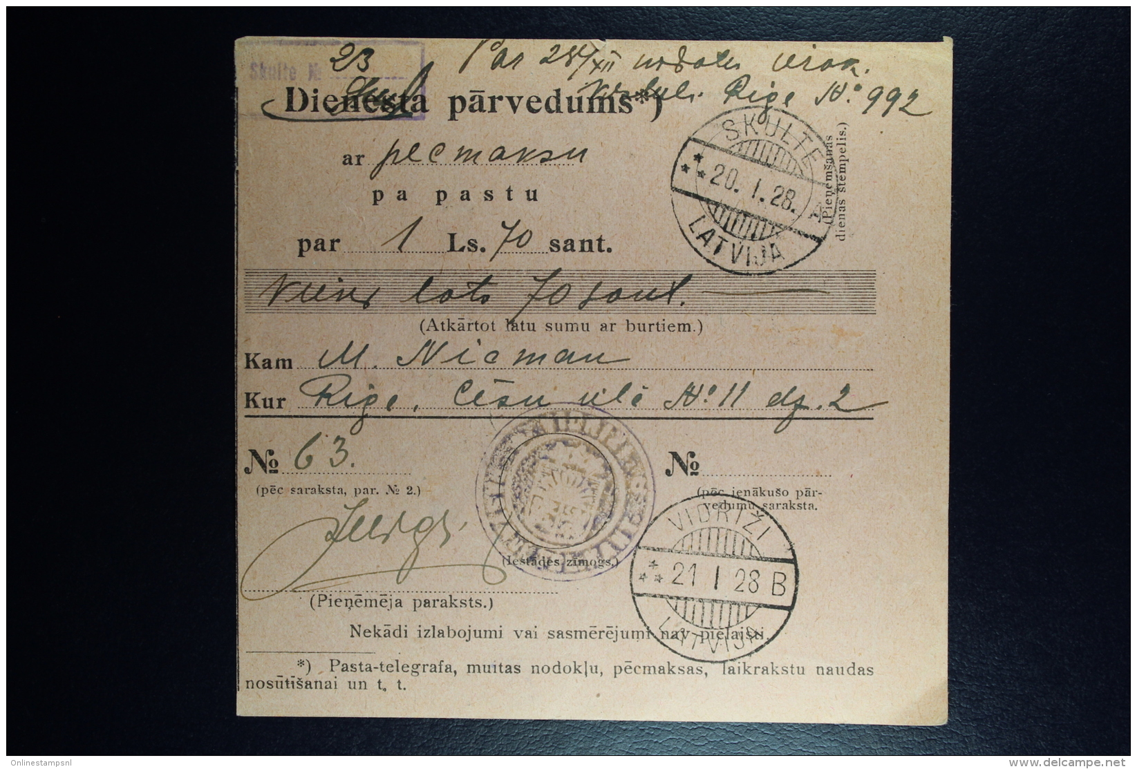 Latvia : Official Money Order 1928 Adiamunde Viorizi Riga - Lettland