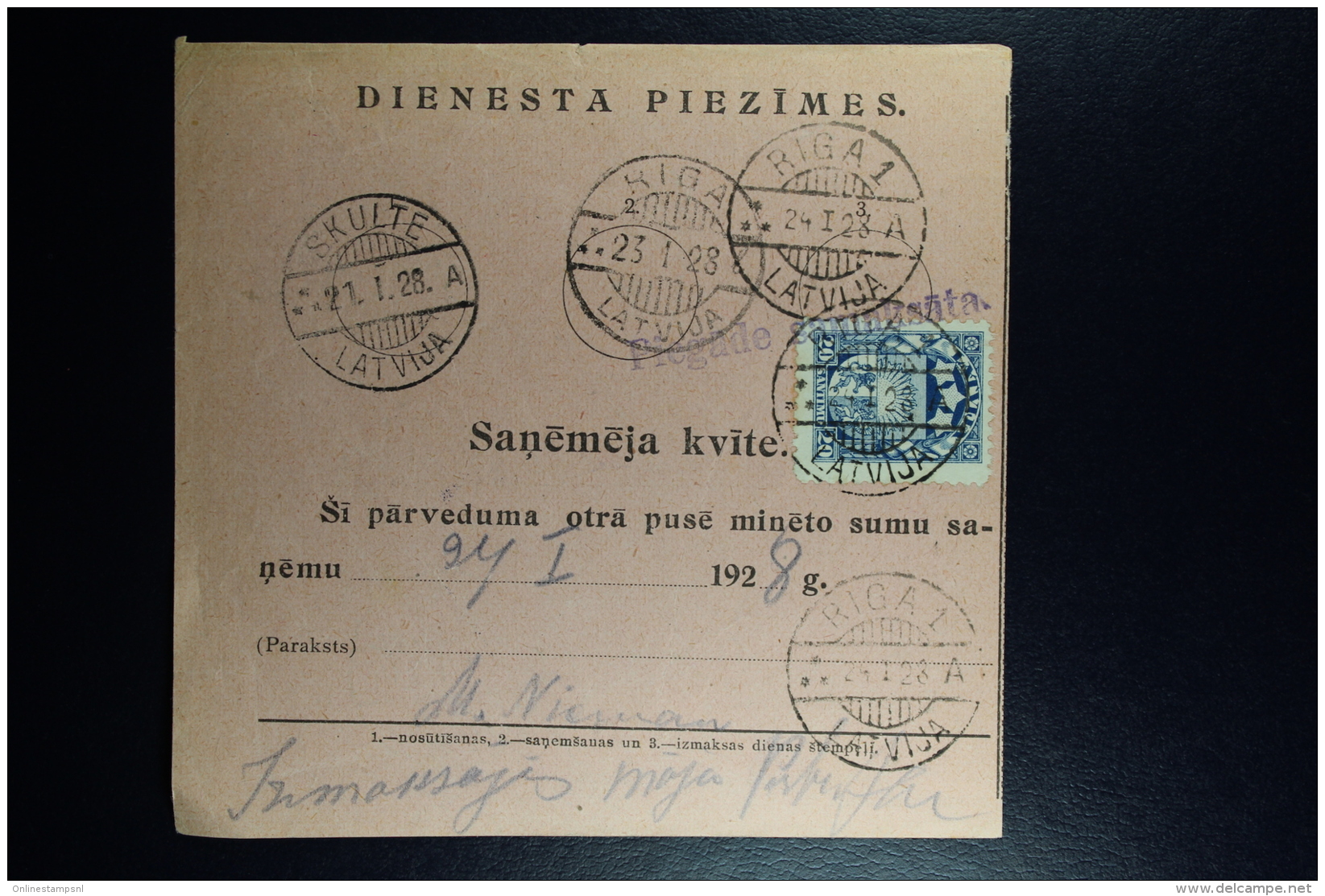 Latvia : Official Money Order 1928 Adiamunde Viorizi Riga - Lettonie