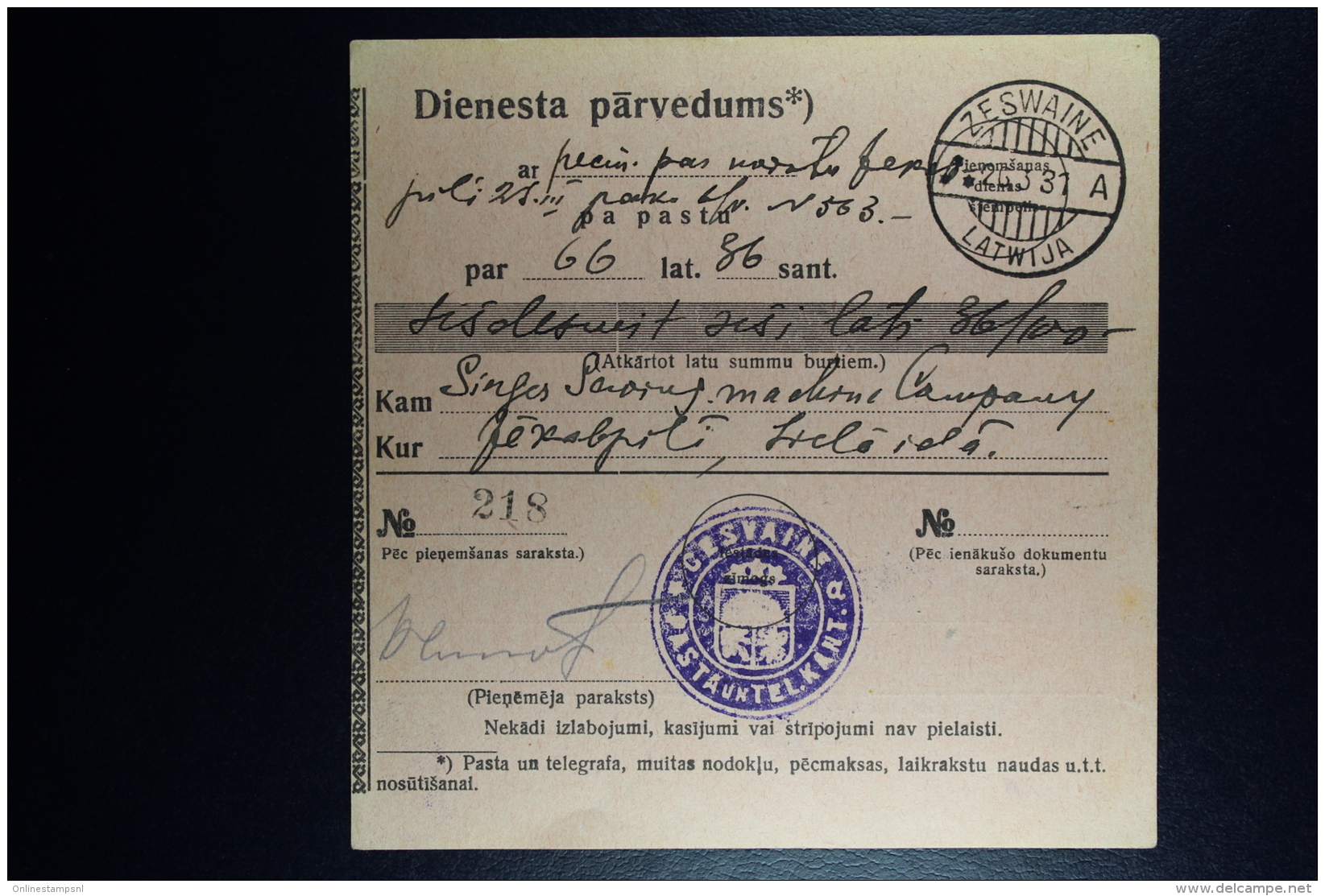 Latvia : Official Money Order 1931 Sesswegen Jekabpils - Letonia