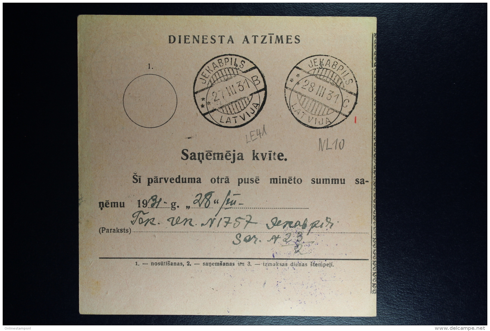 Latvia : Official Money Order 1931 Sesswegen Jekabpils - Lettonie