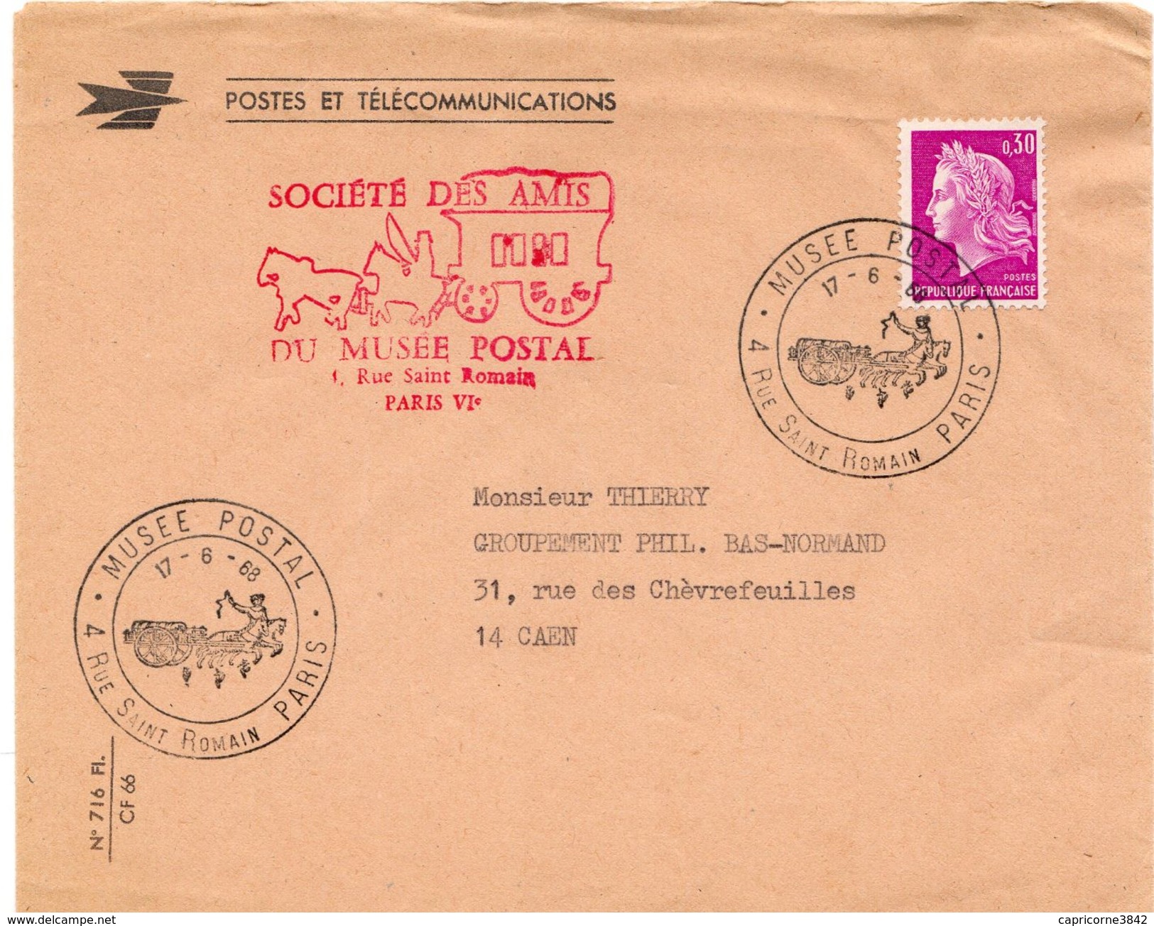 1968 - Paris - Oblitération Temporaire Du Musée Postal + Cachet Des Amis Du Musée Postal (tp N° 1536) - Cachets Commémoratifs