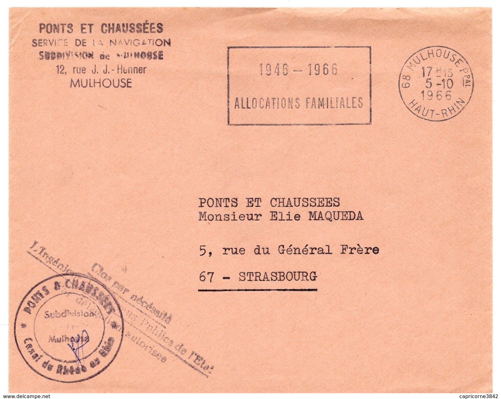 1966 - Lettre Des Ponts Et Chaussées De Mulhouse Env. En Franchise Postale - SECAP "1946-1966 ALLOCATIONS FAMILIALES" - Frankobriefe